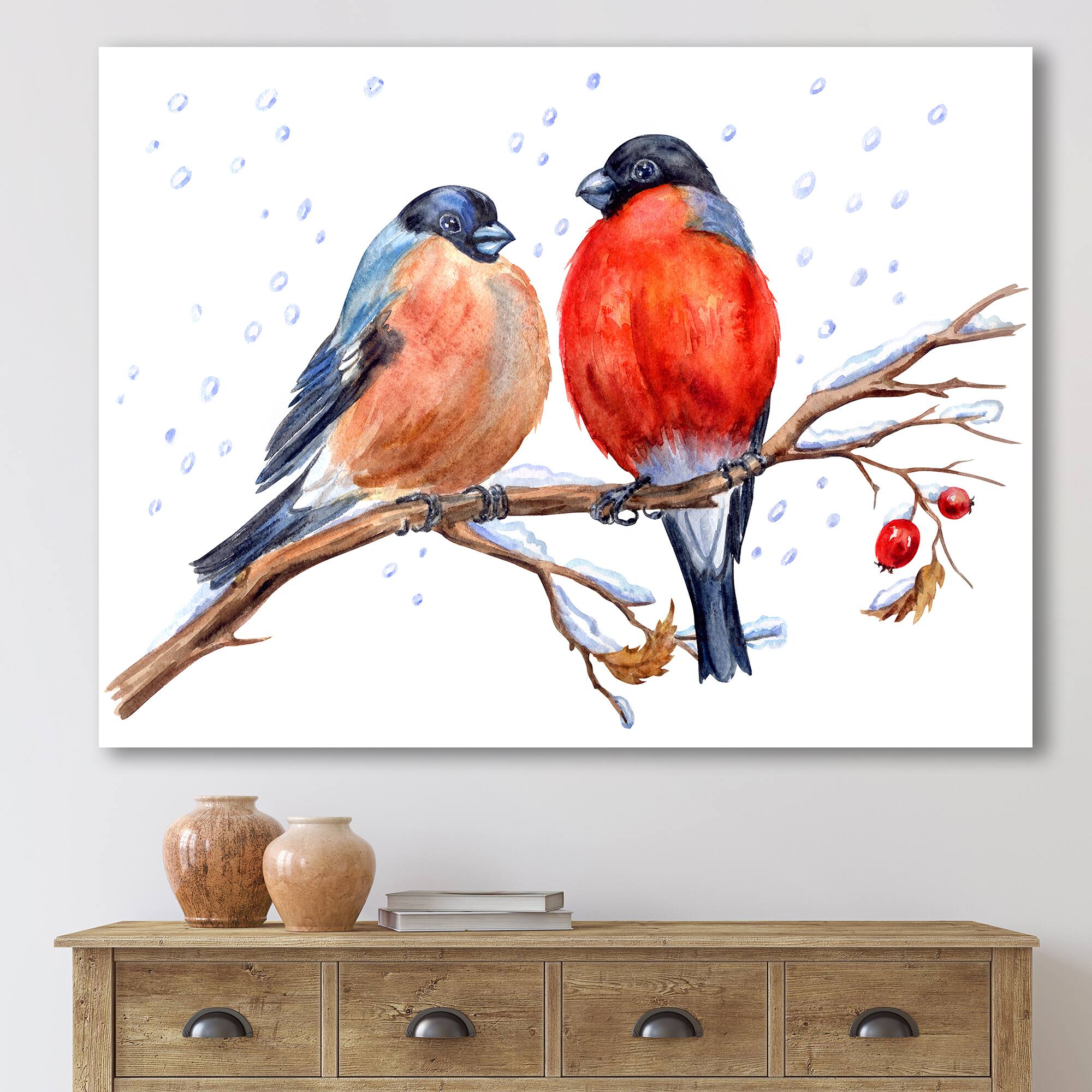 Designart - Two Bullfinches On A Hawthorn Branch with Snowfall - Traditional Canvas Wall Art Print