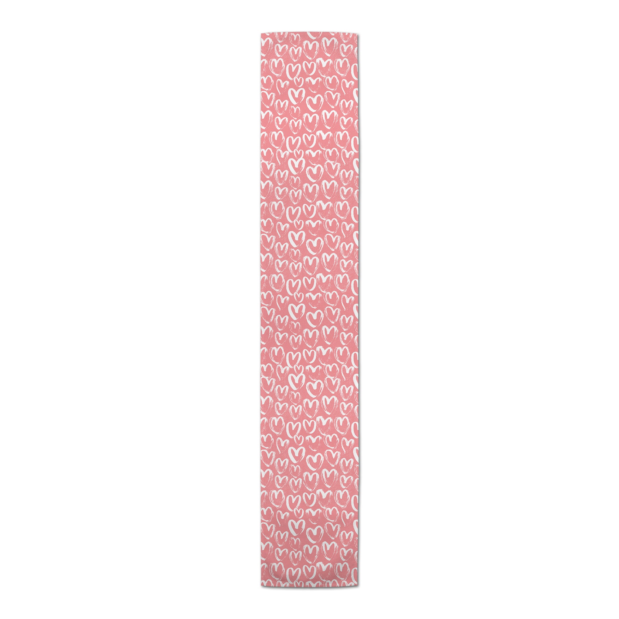 90&#x22; Pink &#x26; White Scribble Heart Pattern Poly Twill Table Runner