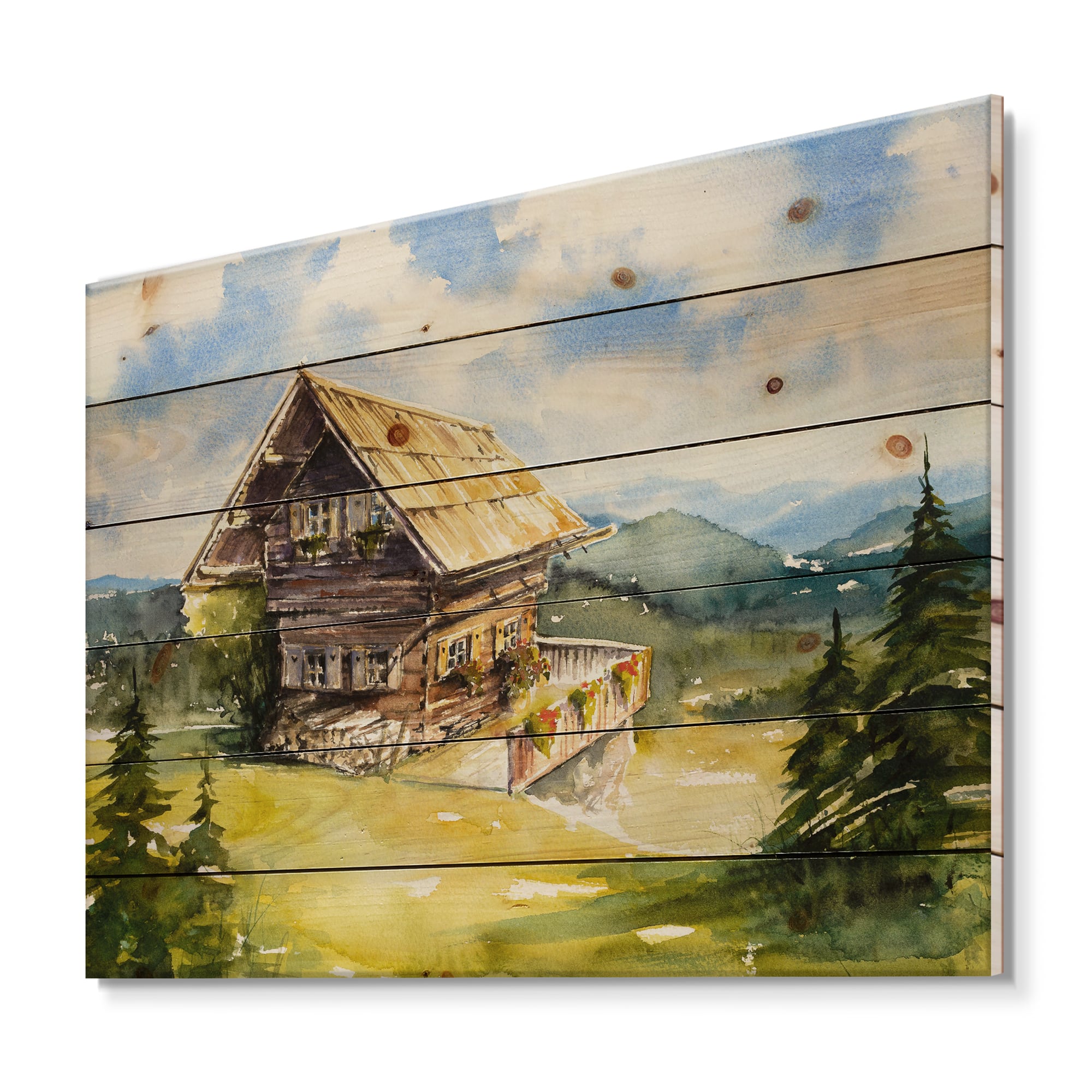 Designart - Peaceful Landscape With Old Cottage At Summer - Traditional Print on Natural Pine Wood