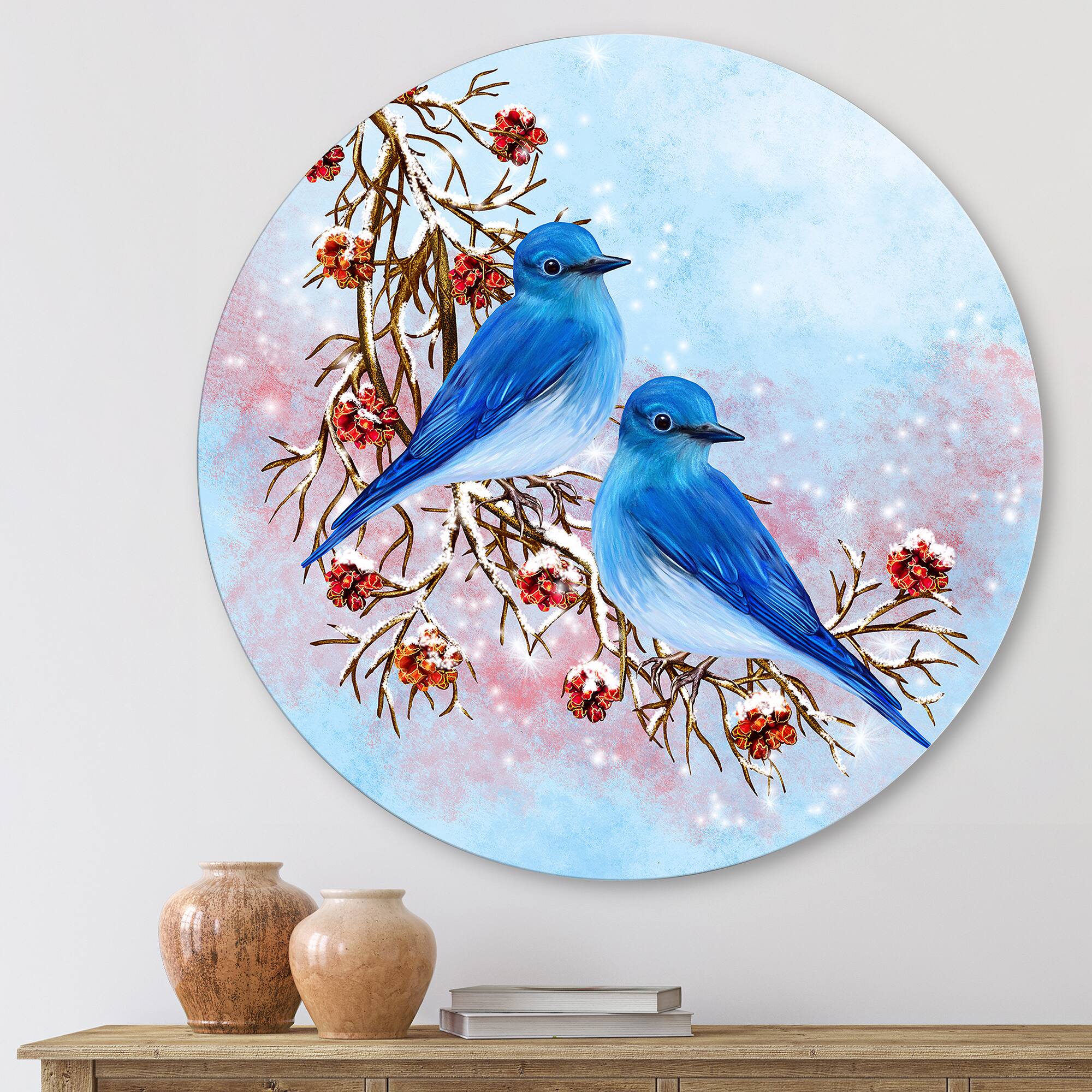 Designart - Two Blue Birds Sitting On A Branch With Berries