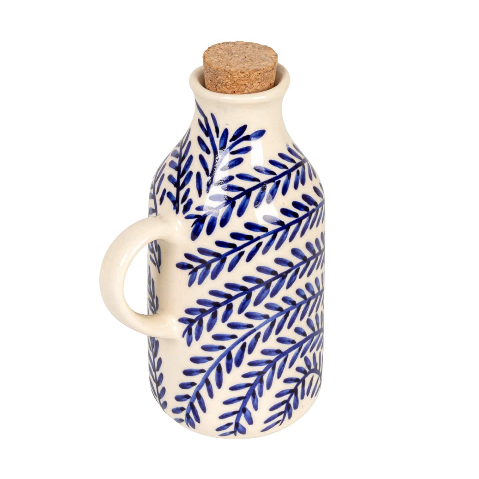 Hello Honey 8 oz. Hand-Painted Stoneware Oil Cruet with Design and Cork Stopper, Cream Color and Blue