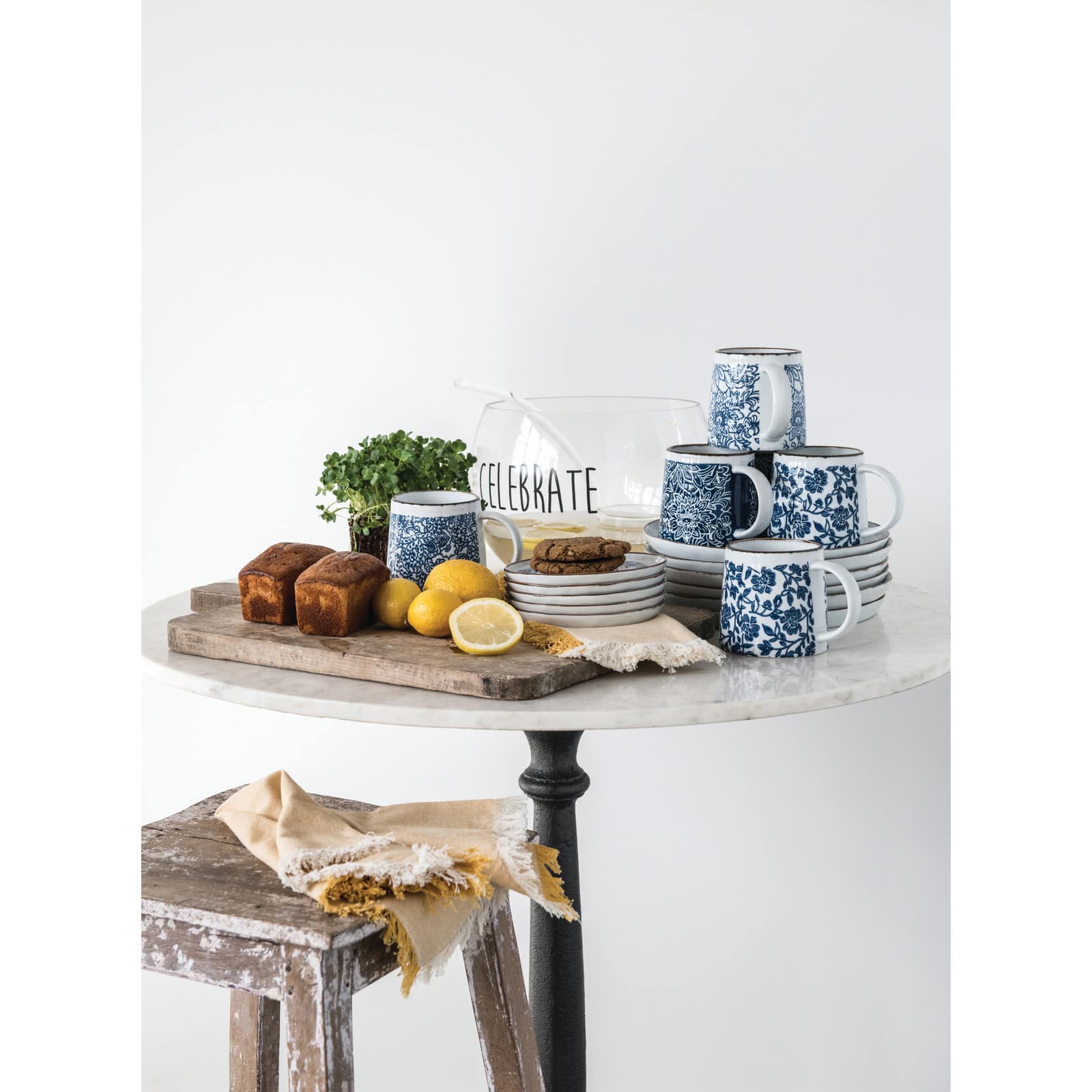 Hello Honey® Blue & White Hand-Stamped Stoneware Mug with Gold Rim Set