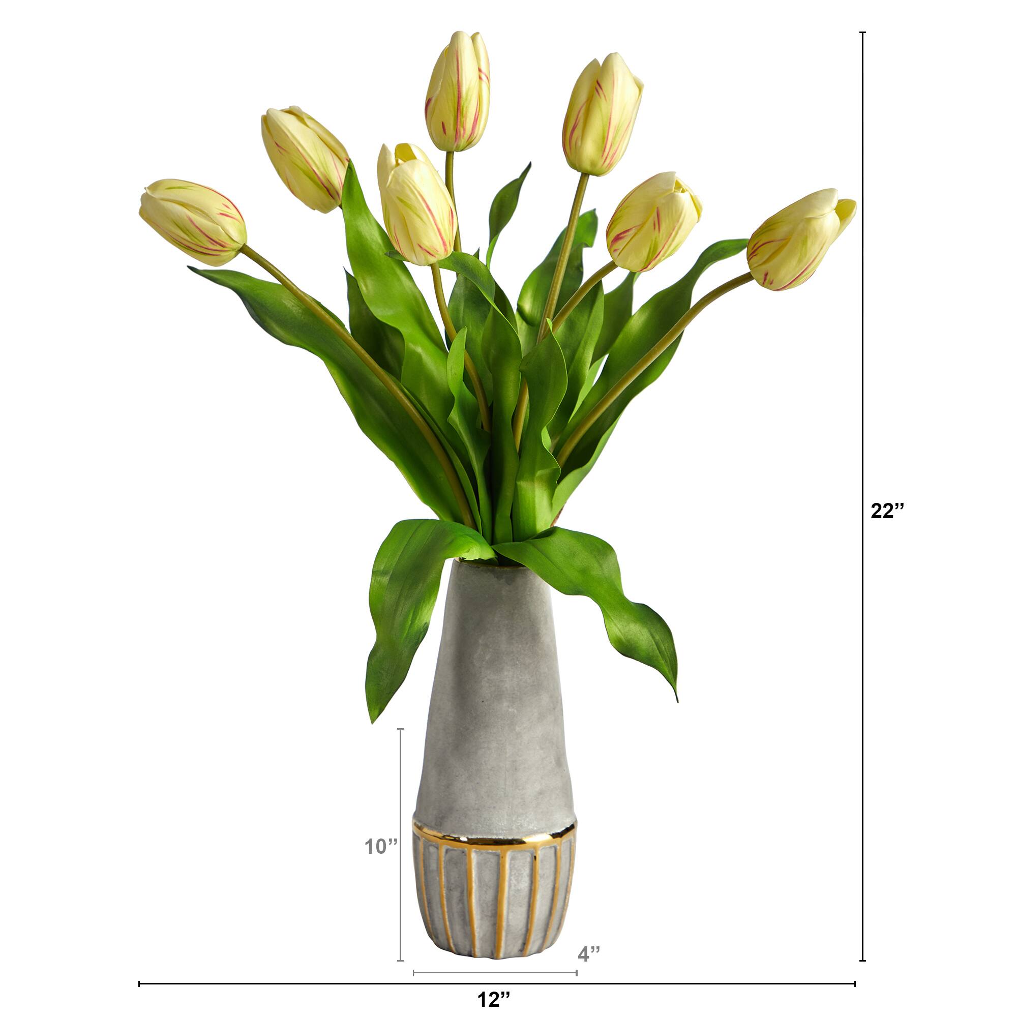 22" Yellow-Red Dutch Tulip Arrangement in Gold Trim Stoneware Vase