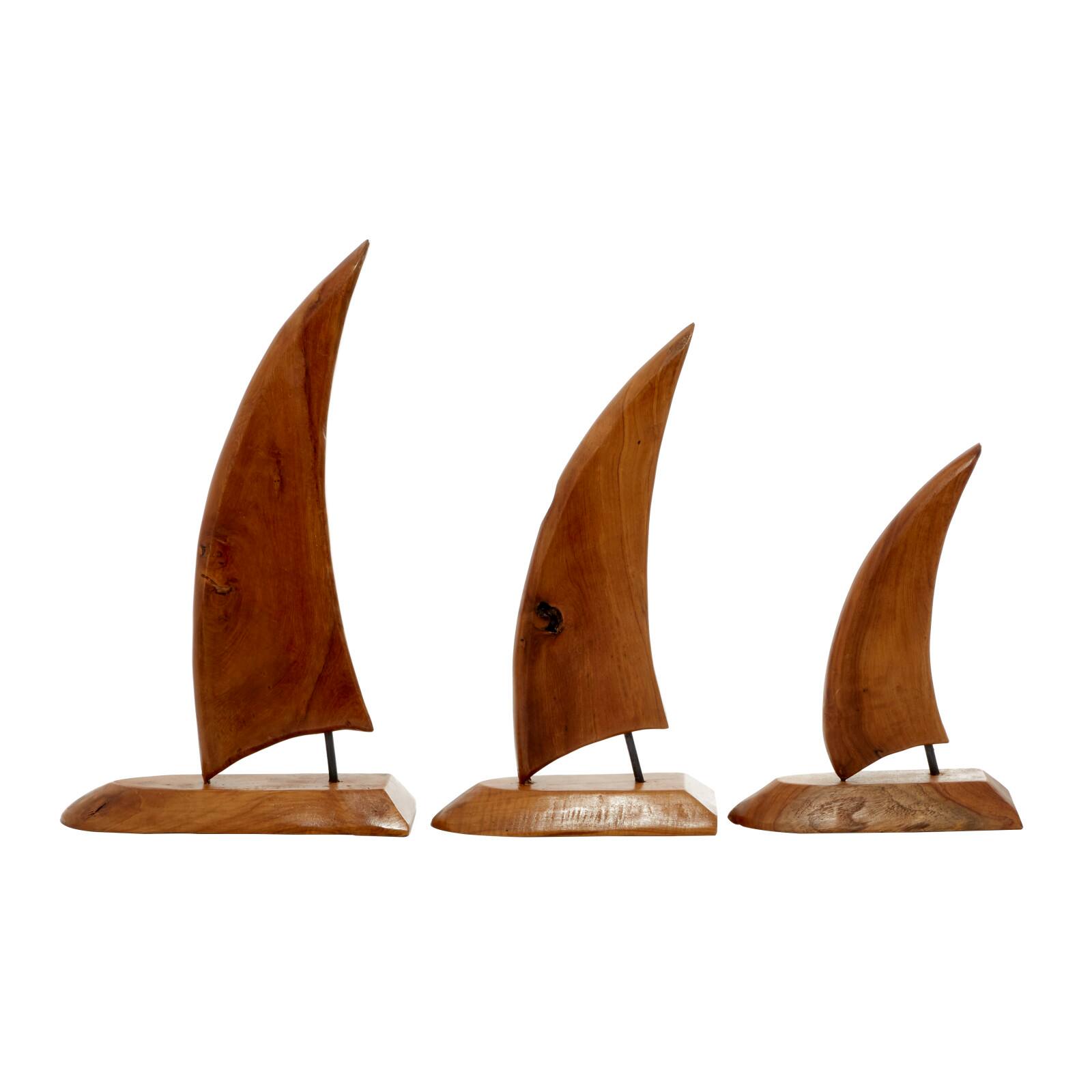 Set of 3 Brown Teak Wood Sail Boat Sculpture 20