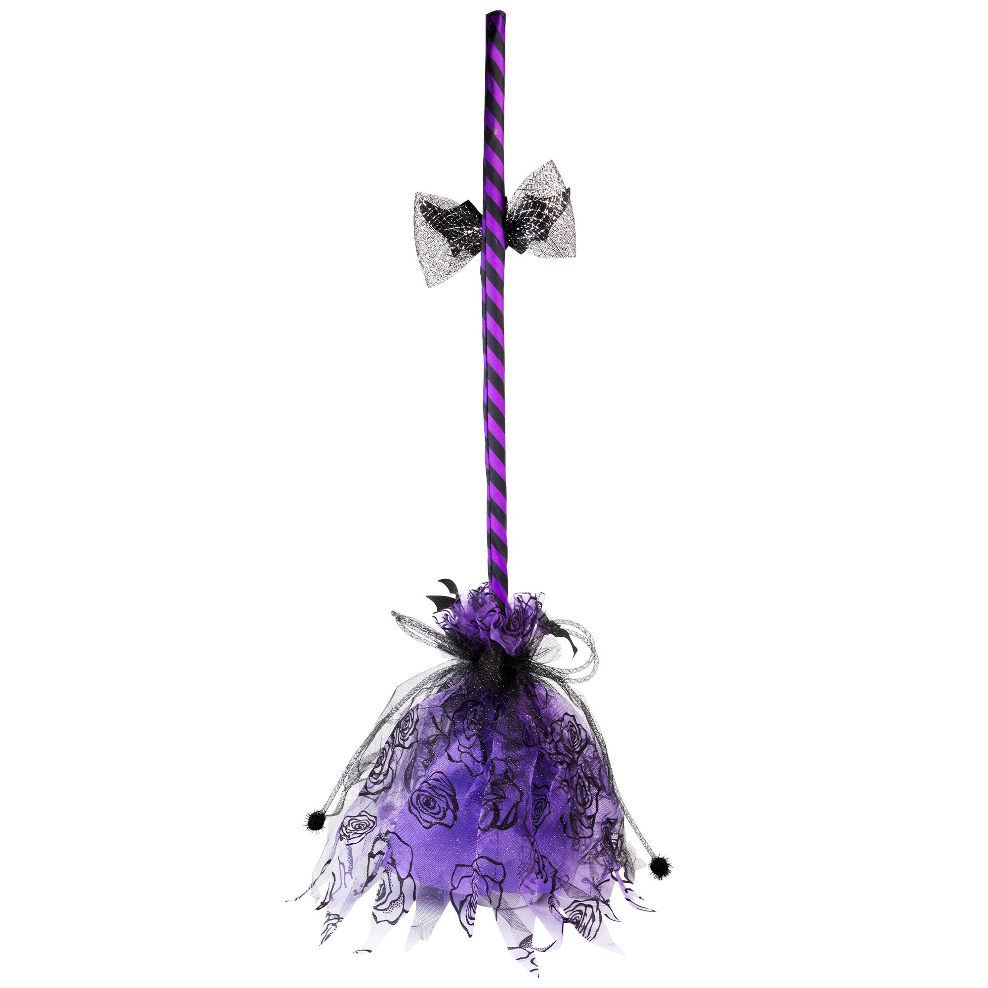 29" Purple & Black Striped Animated Witches Halloween Broom with Bat Accents