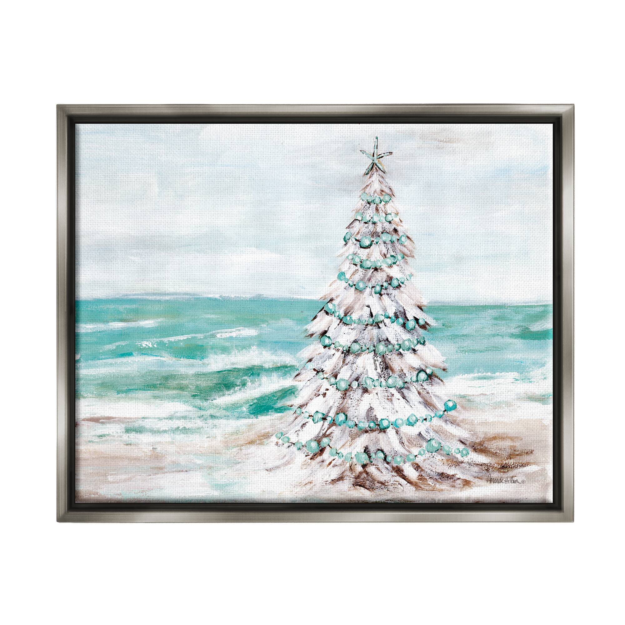 Stupell Industries Snowy Christmas Tree Beach Shore Framed Floater Canvas Wall Art