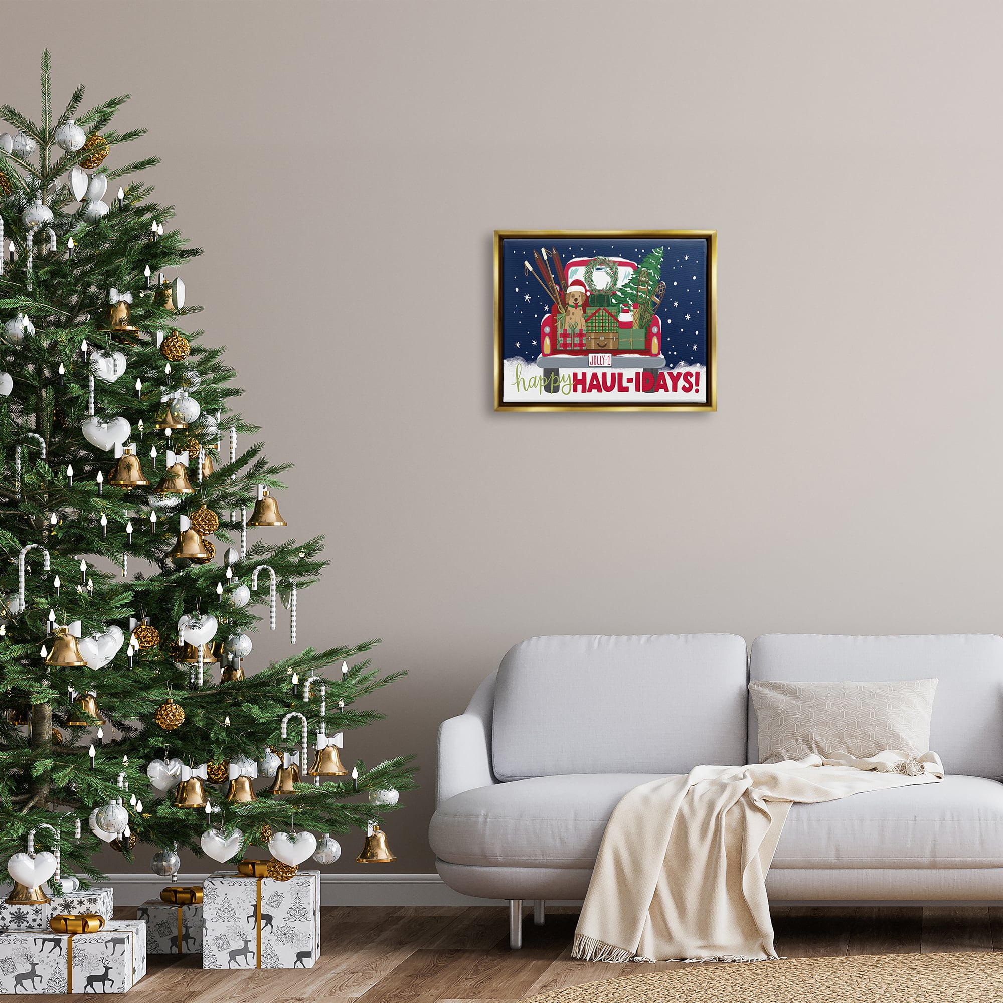 Stupell Industries Happy Haul-idays Christmas Gift Truck Framed Floater Canvas Wall Art