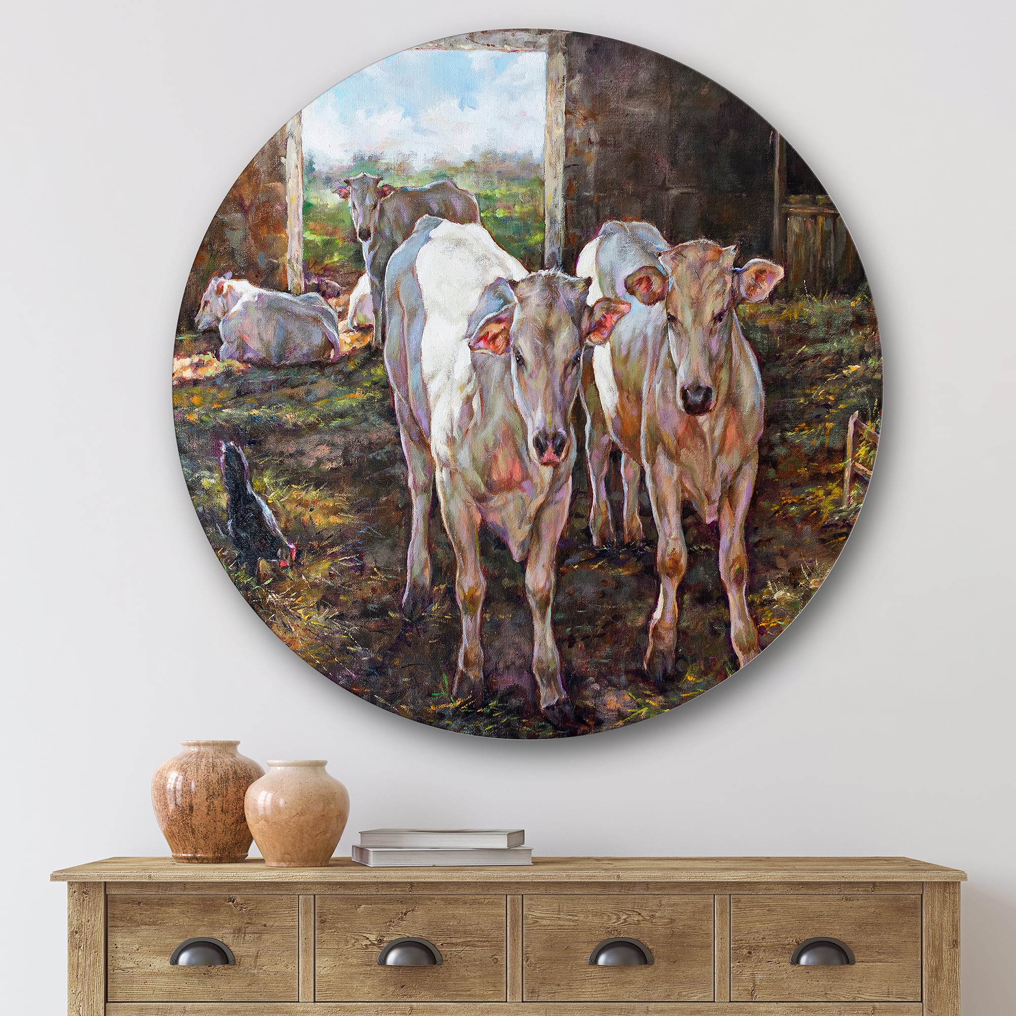 Designart - Two Cows In The Stable - Farmhouse Metal Circle Wall Art