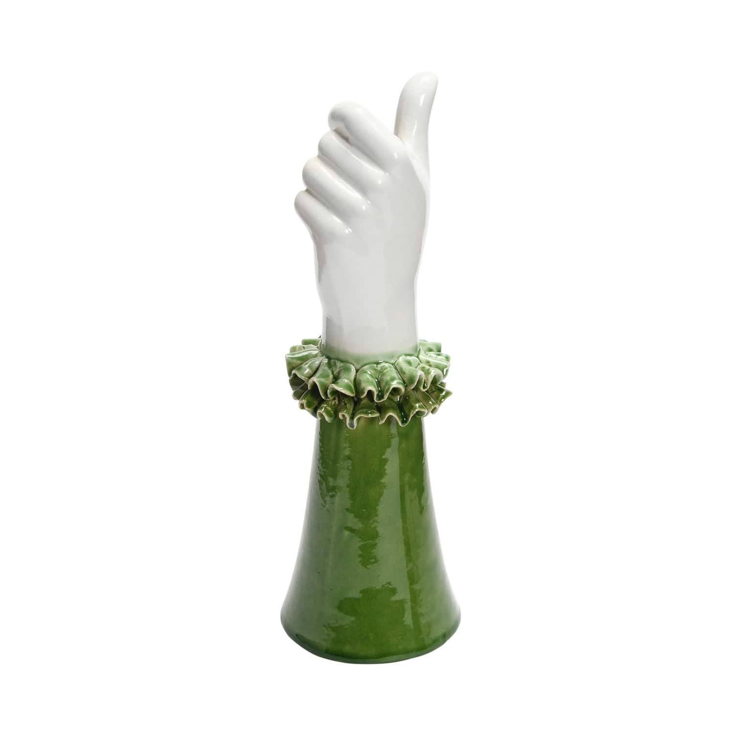 Hello Honey® 12" Green & White Stoneware Hand Vase with Ruffled Shirt Sleeve