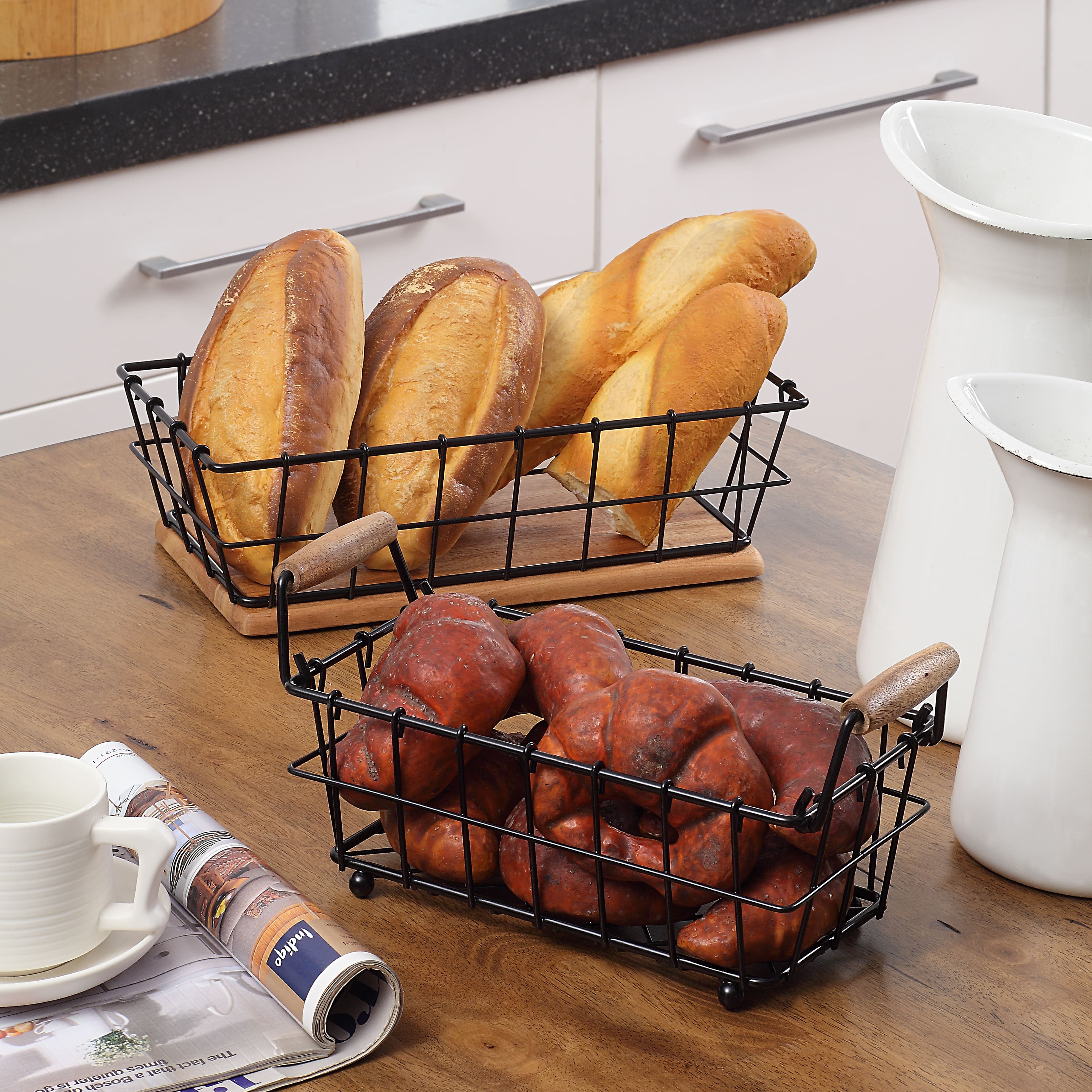 SunnyPoint 2-Tier Wire Basket with Wood Base