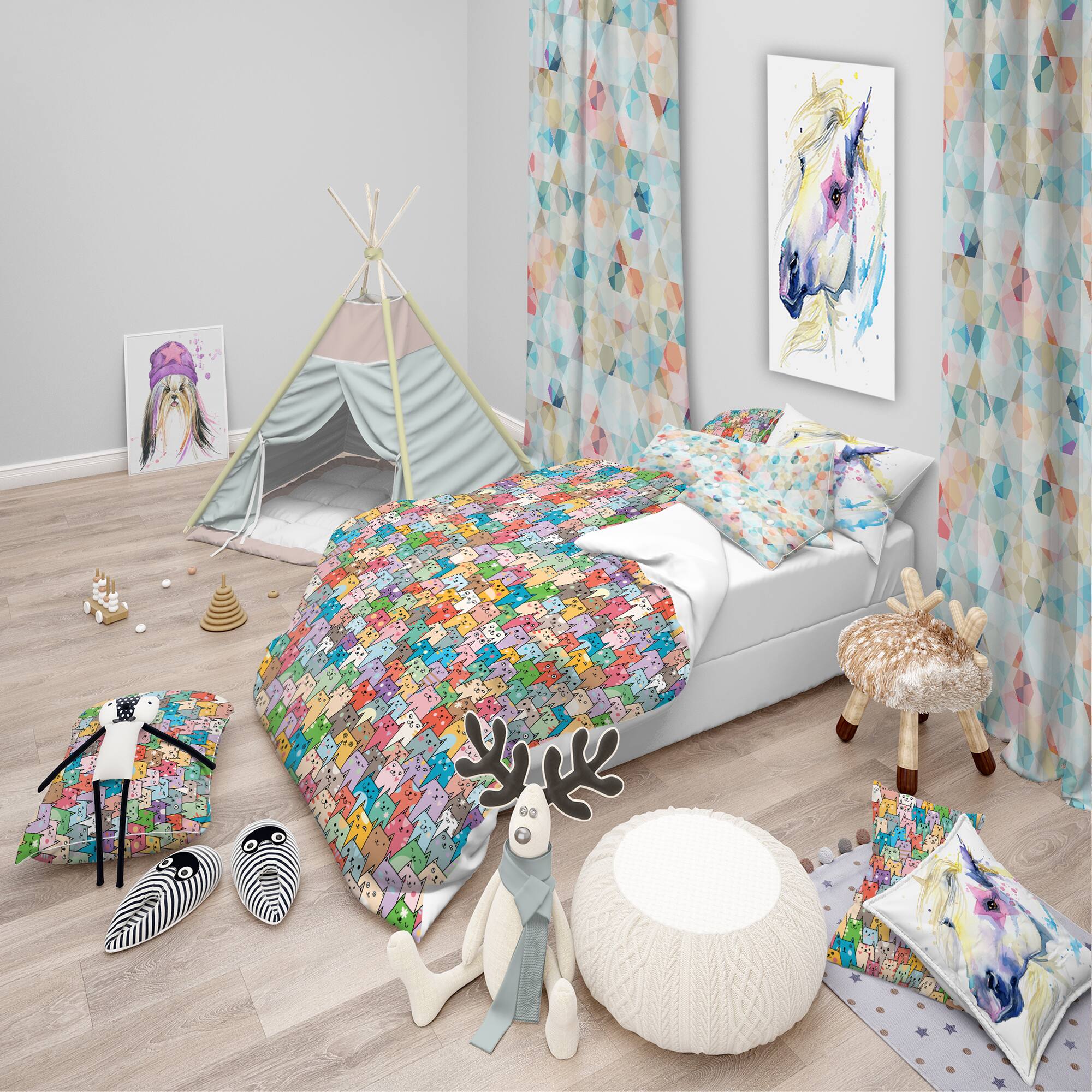 Designart &#x27;Funny Cats Heads Pattern - Modern kids Duvet Cover Set