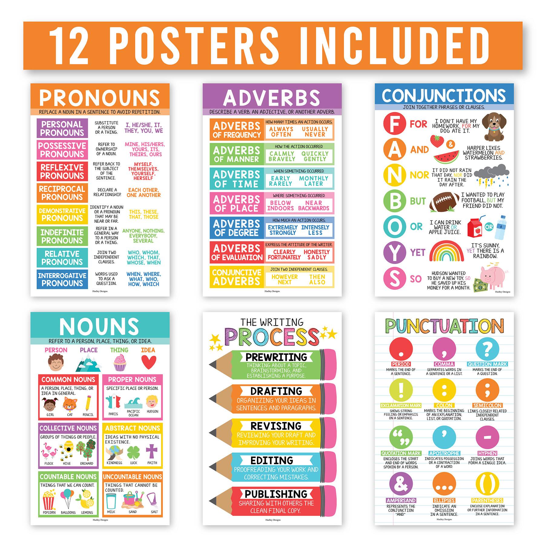 Hadley Designs 11" x 17" Colorful Parts of Speech Language Arts and Grammar Laminated Posters Set