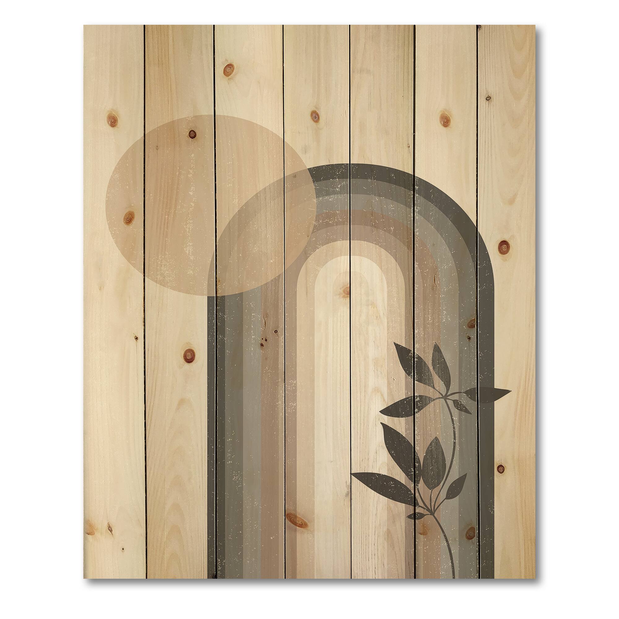 Designart - Abstract Rainbow Sun and Moon In Earth Tones III - Modern Print on Natural Pine Wood