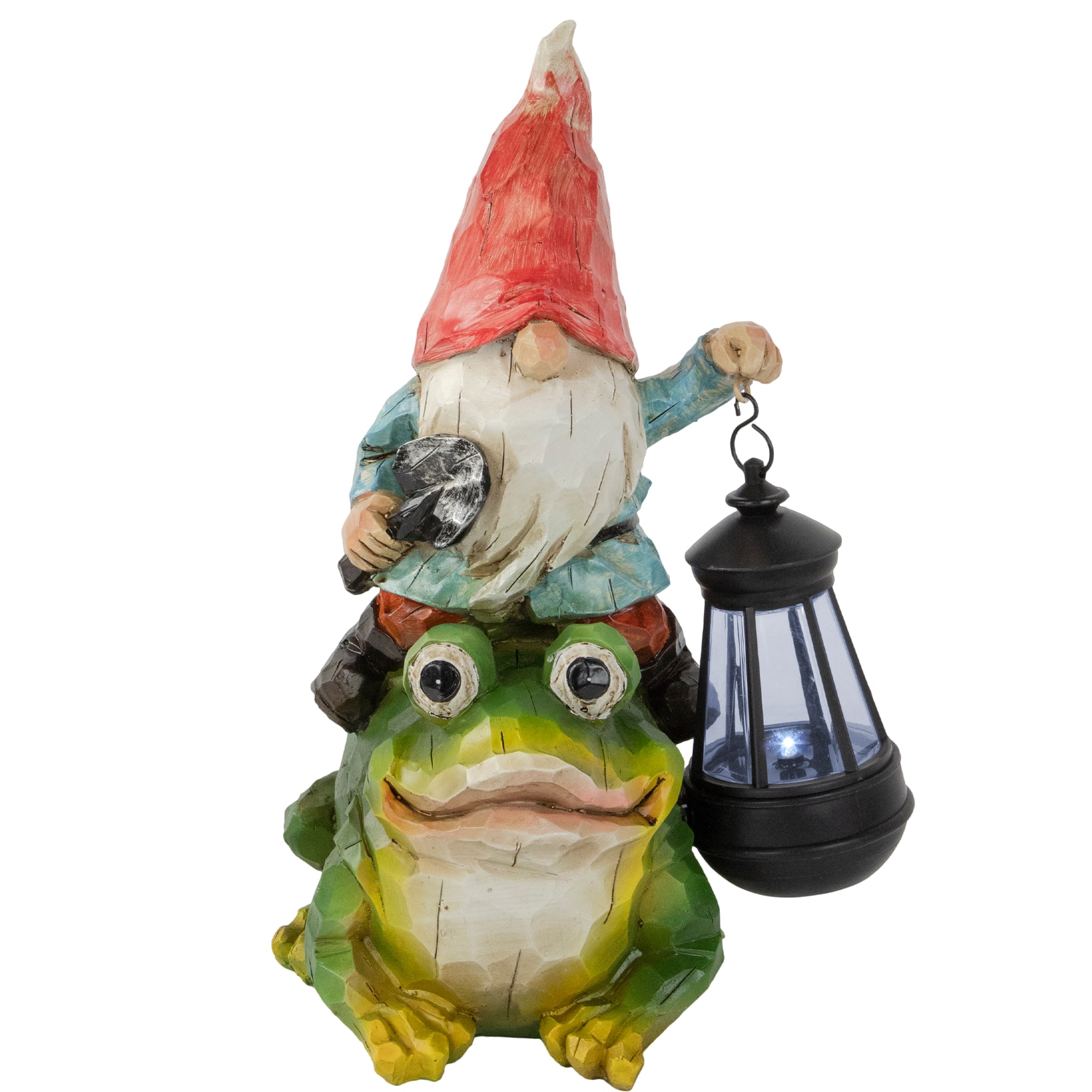 12.5" LED Solar Lighted Gnome & Frog Outdoor Garden Statue