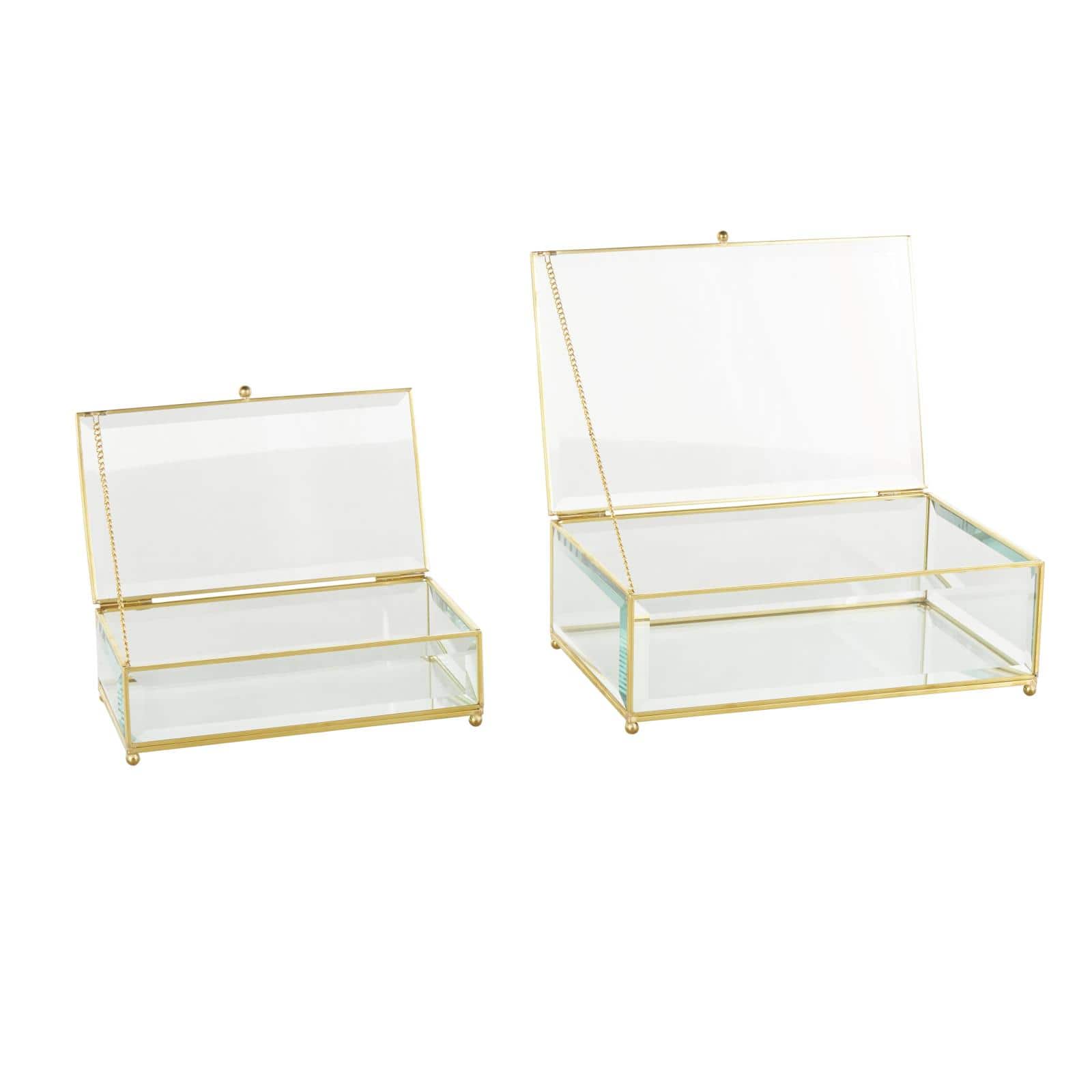 Clear &#x26; Gold Beveled Glass &#x26; Metal Rectangle Footed Jewelry Box with Chain Accent Set