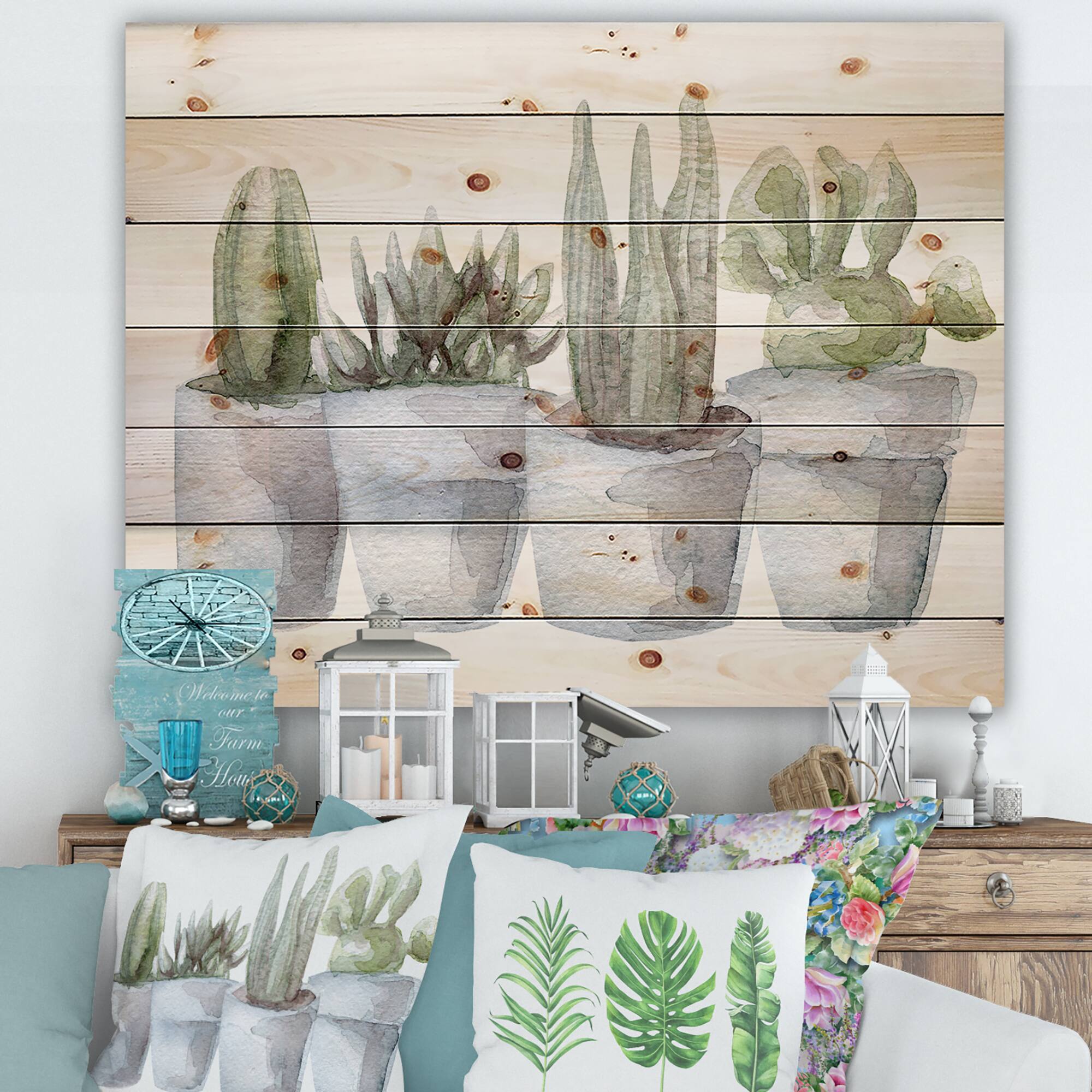 Designart - Cactus and Succulent House Plants V - Botanical Print on Natural Pine Wood