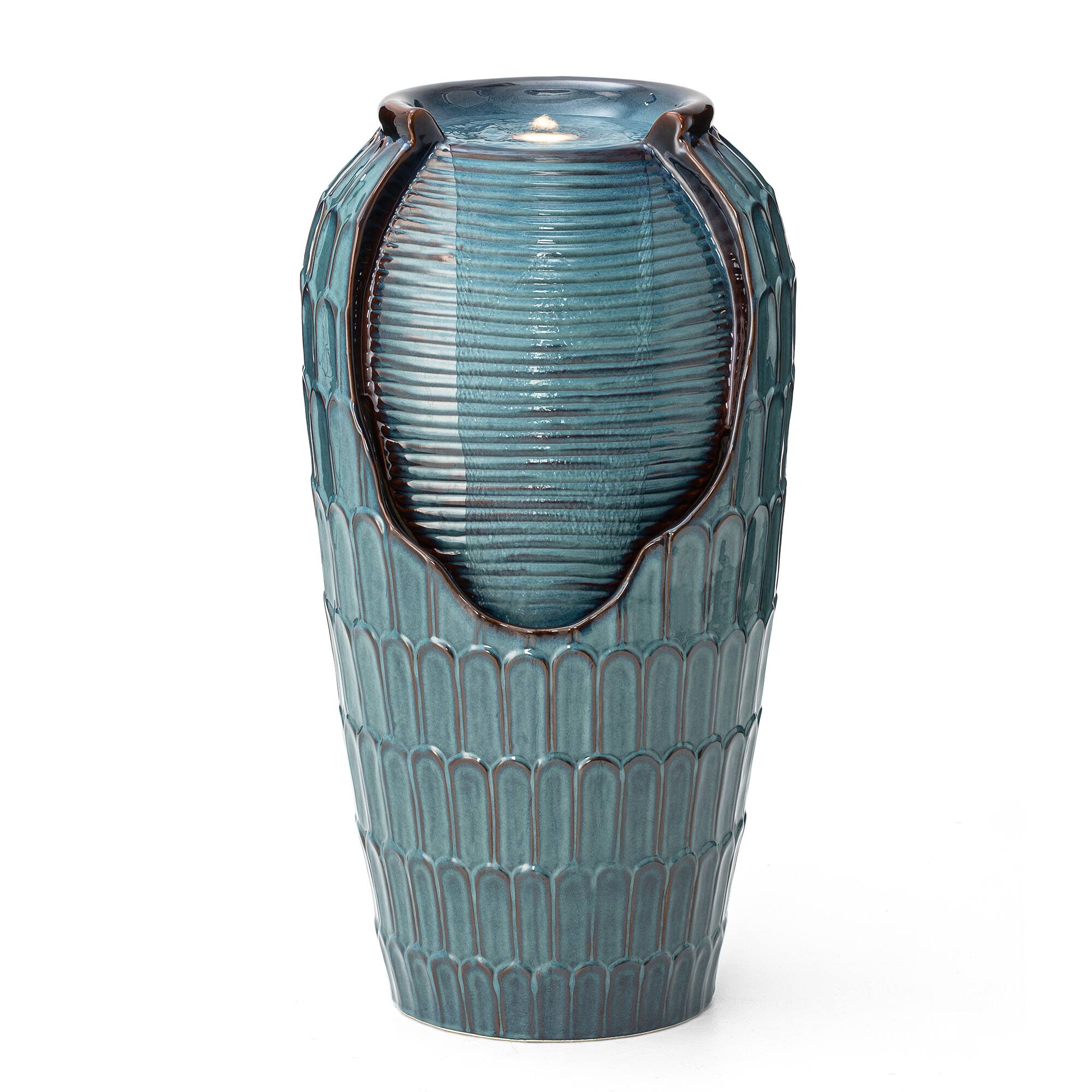 Glitzhome&#xAE; 28.25&#x22; LED Petals Textured Ceramic Jar Outdoor Floor Fountain