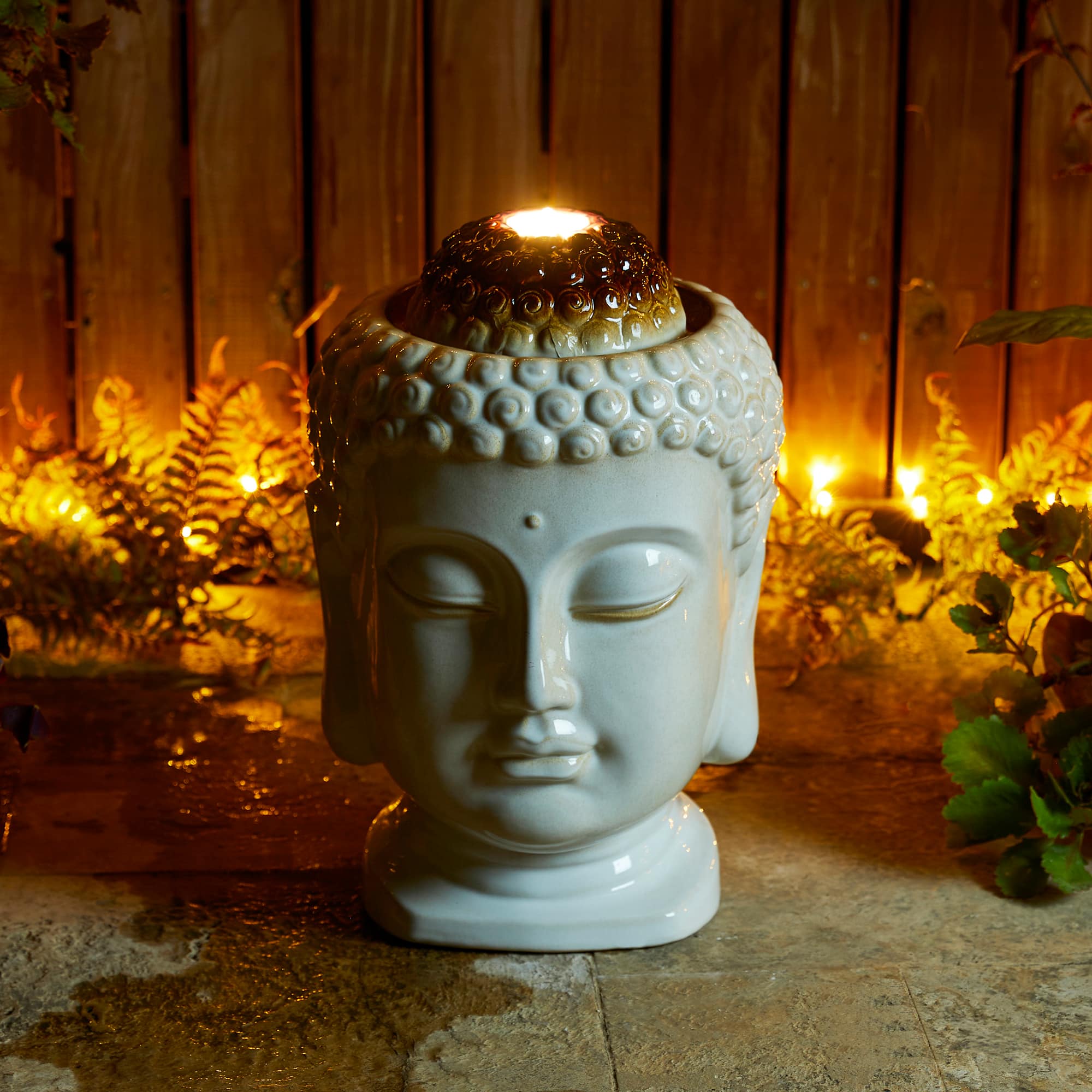 Glitzhome® 18.75" Zen-Style LED Buddha Head Ceramic Outdoor Fountain