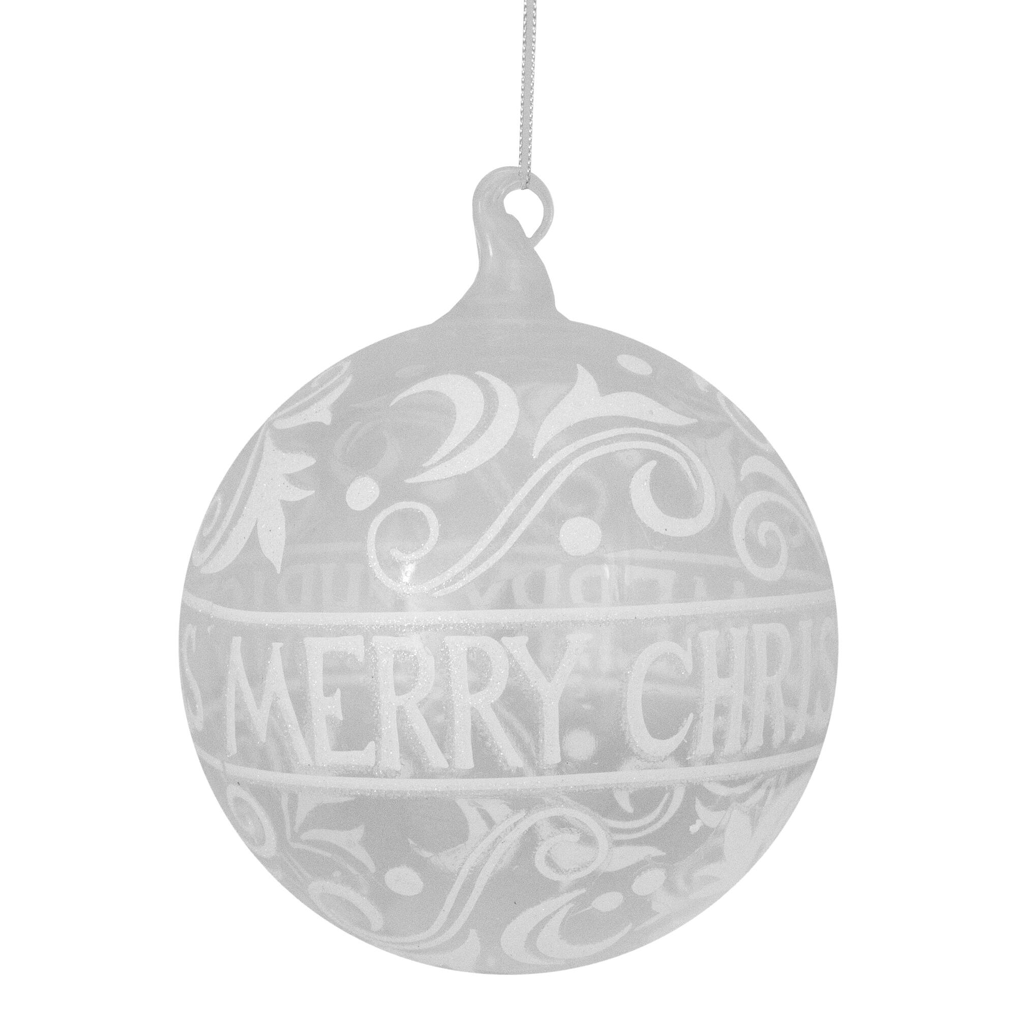 6&#x22; Clear &#x26; White &#x22;Merry Christmas&#x22; Glass Ball Ornament
