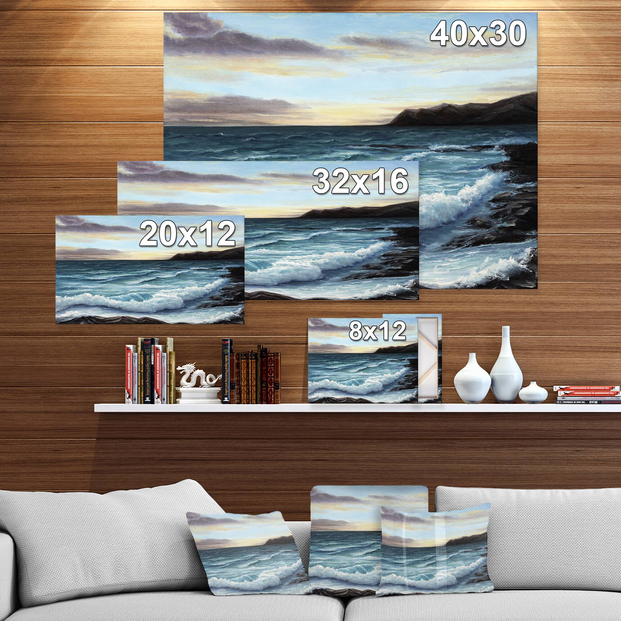 Designart - Ocean Waves at Seashore - Sea & Shore Painting Print on Wrapped Canvas