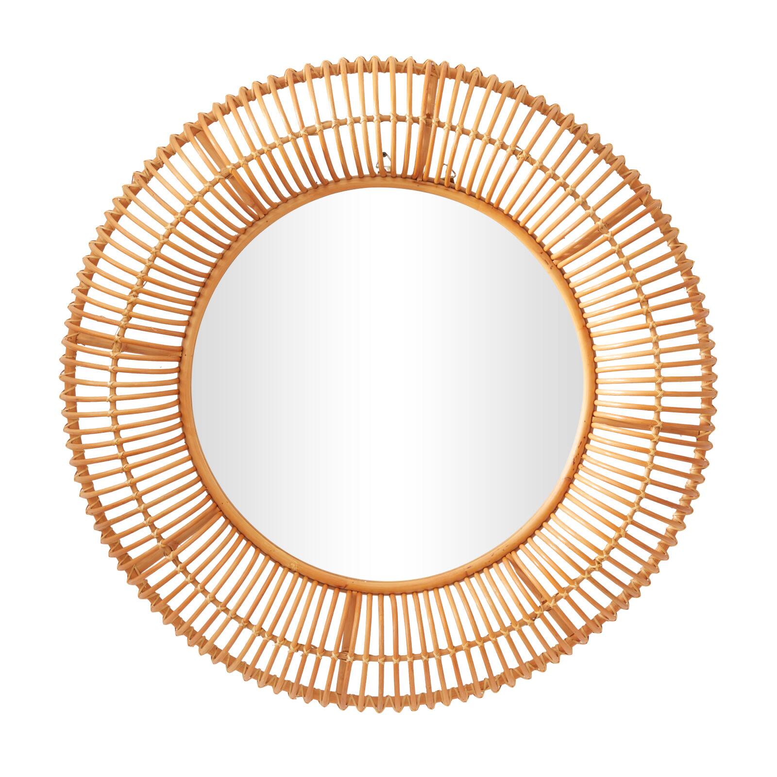 Brown Rattan Bohemian Wall Mirror, 39&#x22; x 4&#x22; x 39&#x22;