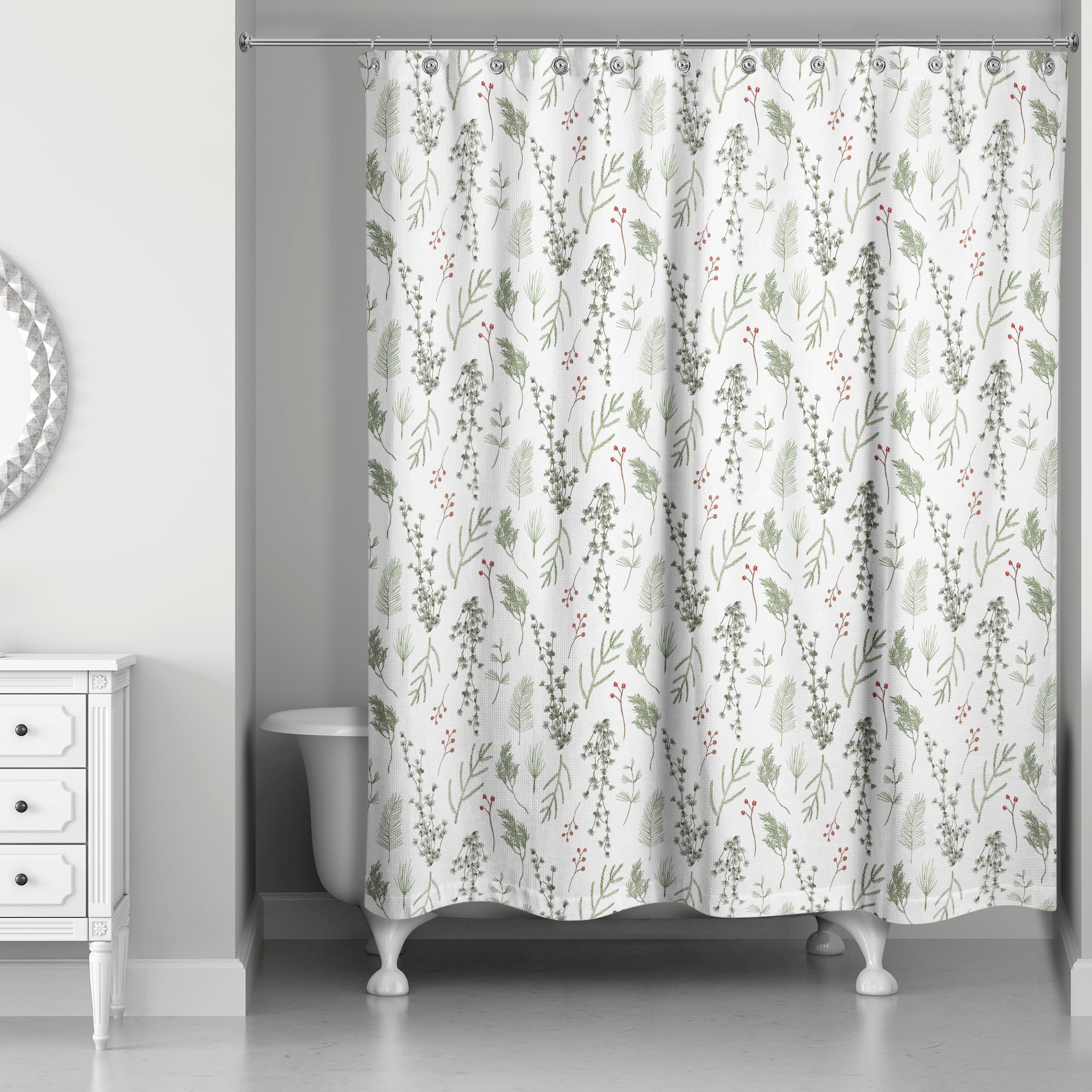 Pine Greenery on White Shower Curtain