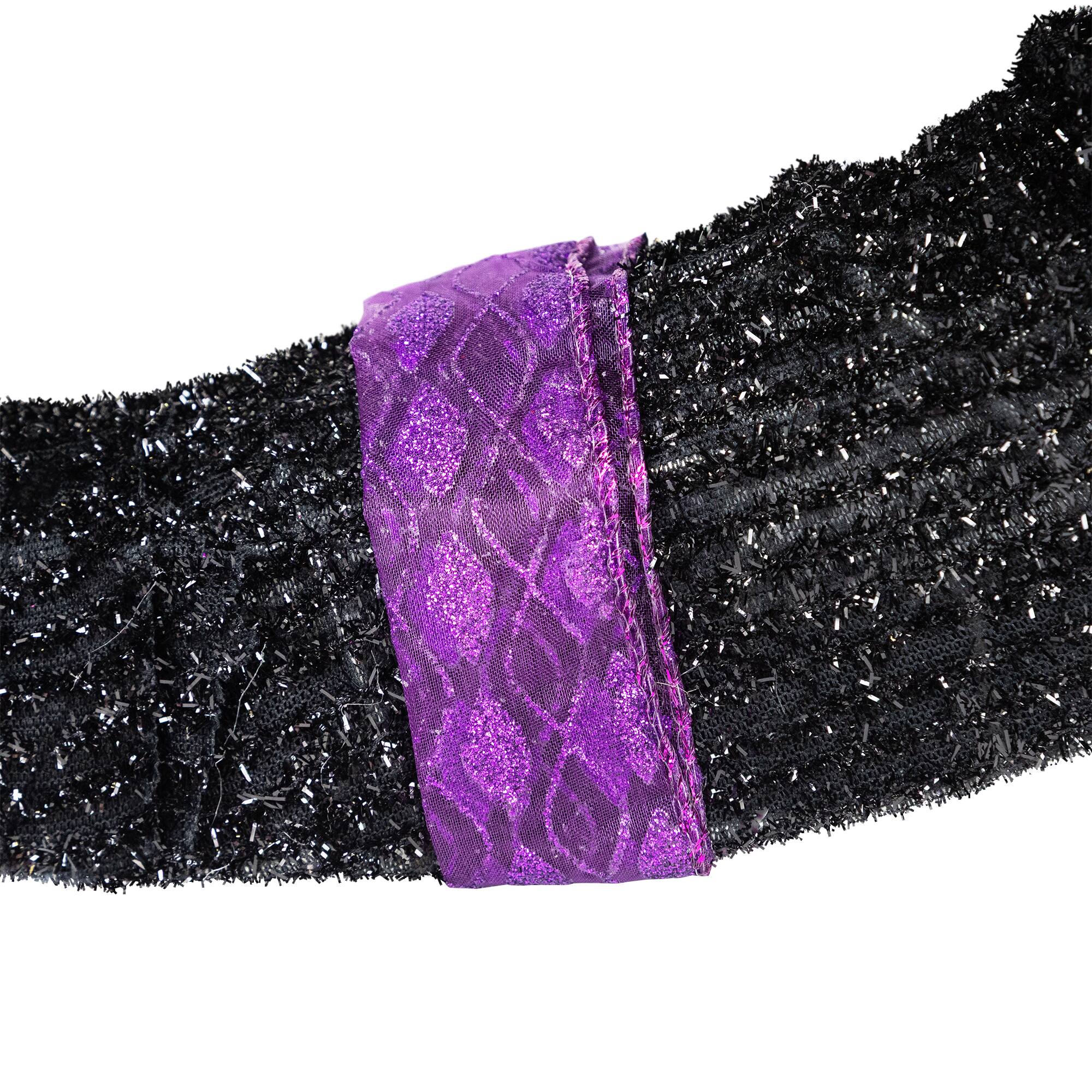 12" Black Witch's Boot with Purple Glittered Roses Halloween Decoration