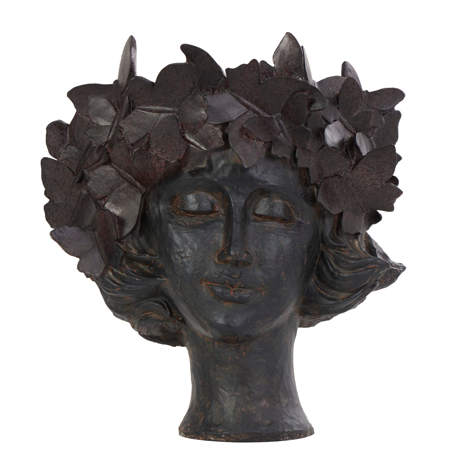 14&#x22; Bronze Woman Head &#x26; Butterflies Planter