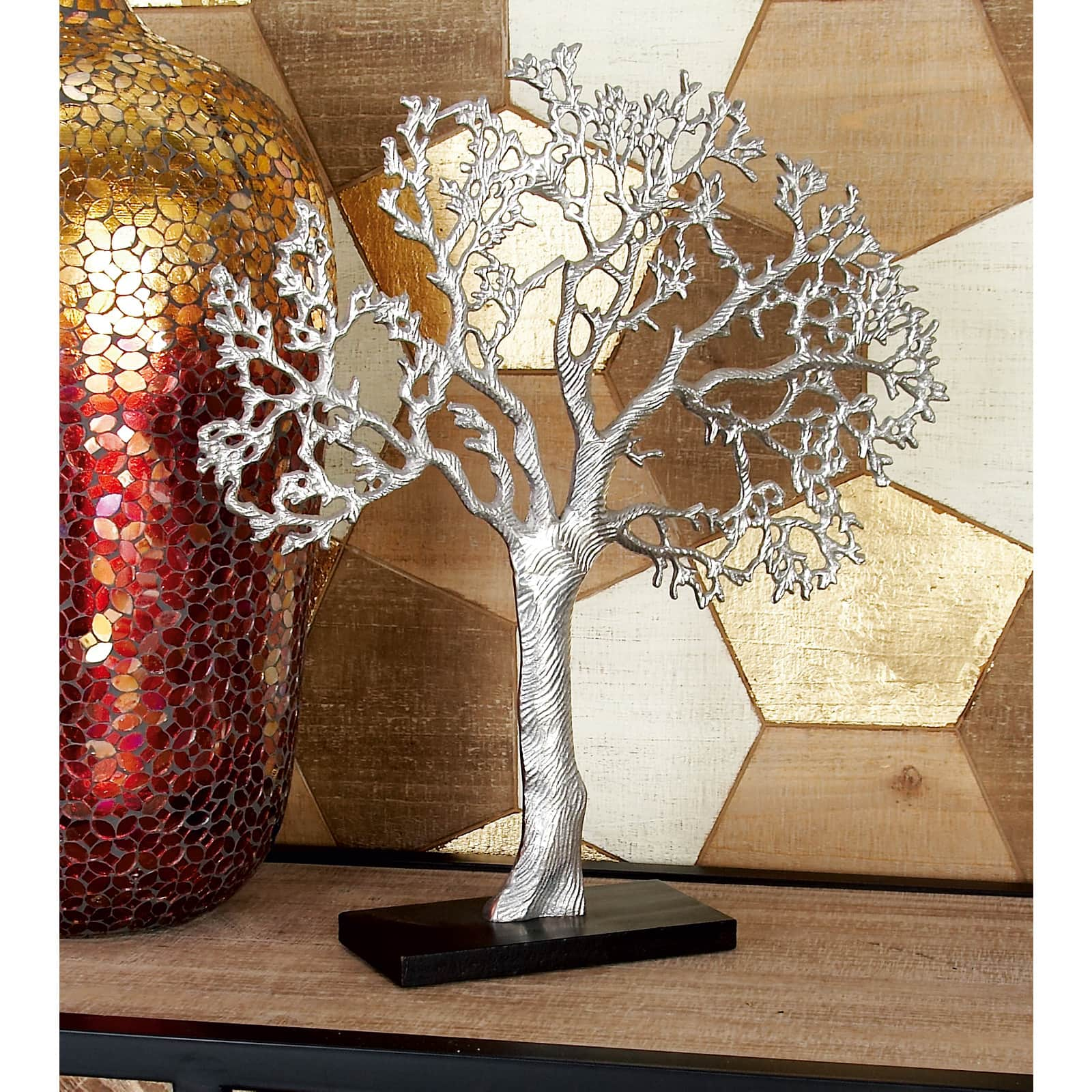 19&#x22; Silver Aluminum &#x26; Wood Tree-Inspired Contemporary Sculpture