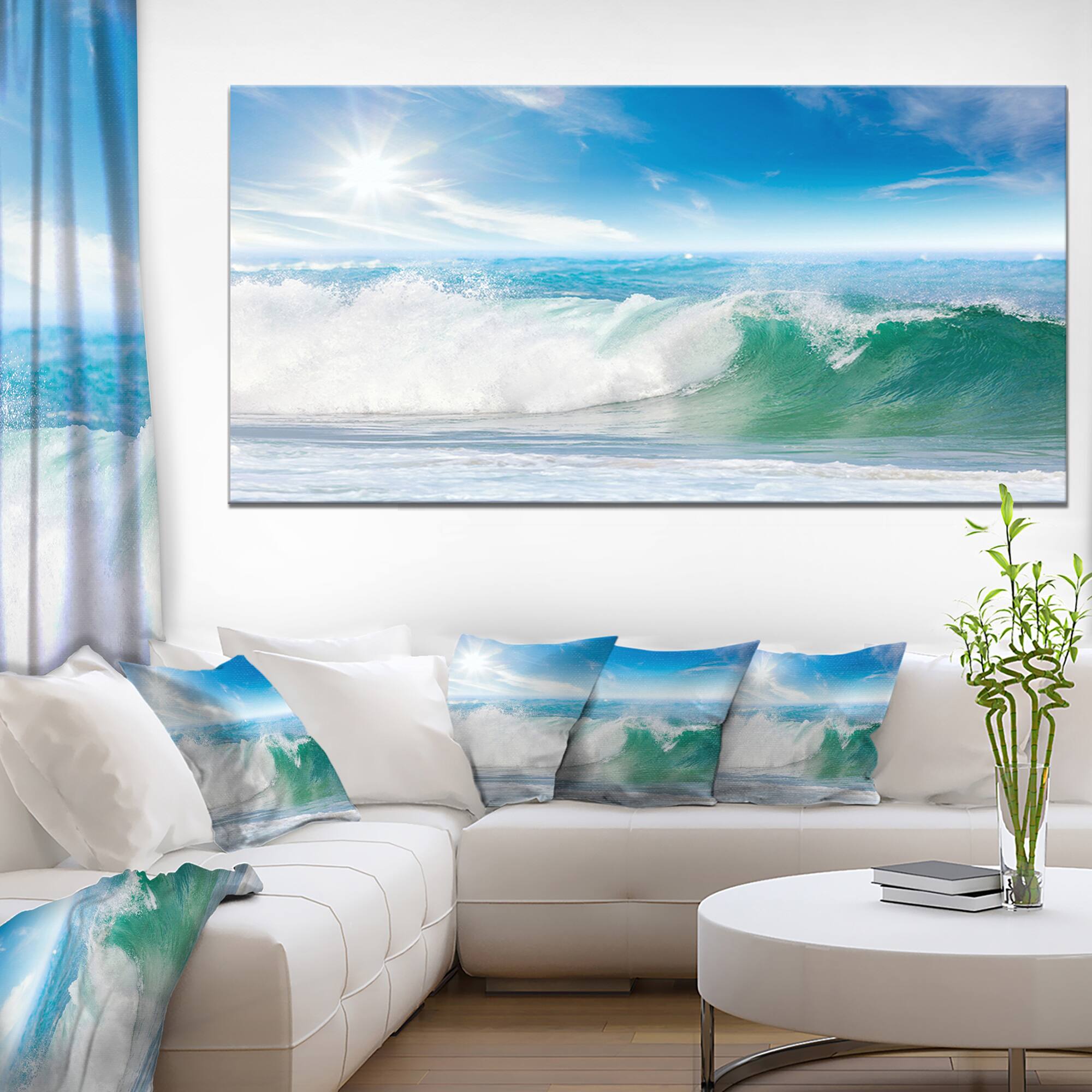 Designart - White and Blue Waves under Sun - Seascape Canvas Art Print