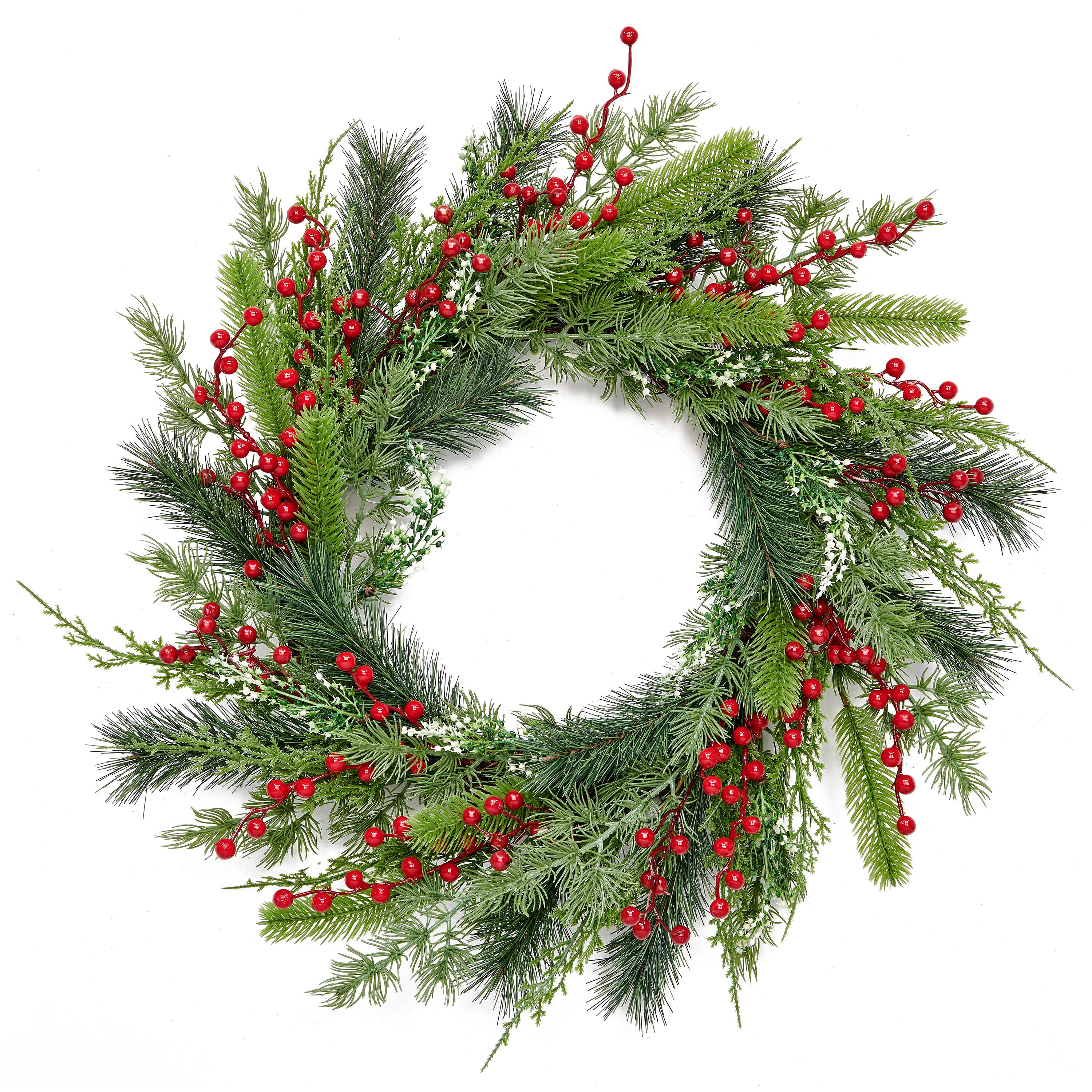 24" Artificial Christmas Mixed Evergreen Pine & Red Berry Wreath