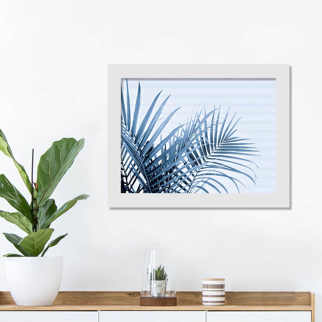 Striped Blue Palms Wall Print in White Frame