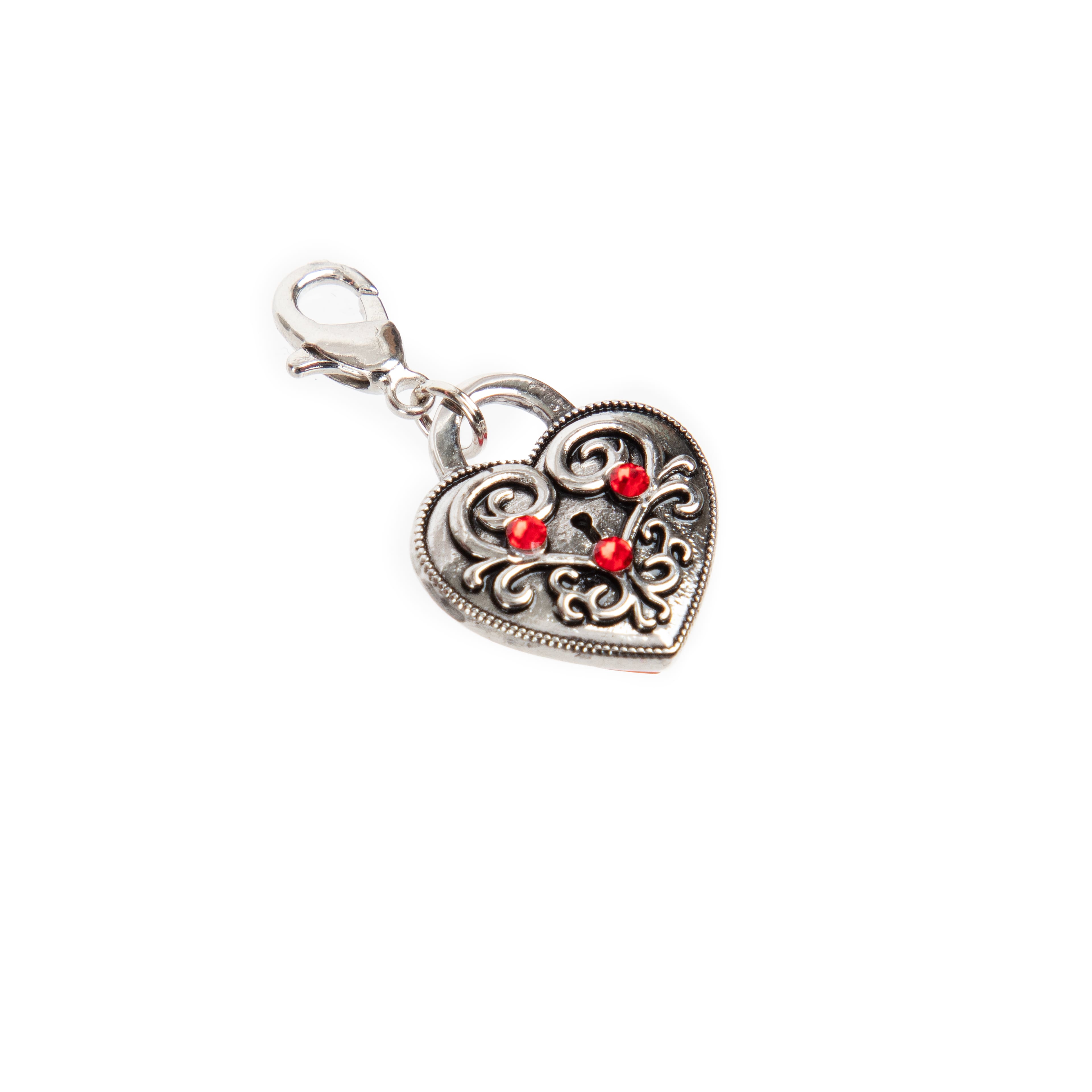 Double-Sided Red Austrian Crystal &#x26; Silver Filigree Heart Lock Charm by Bead Landing&#x2122;