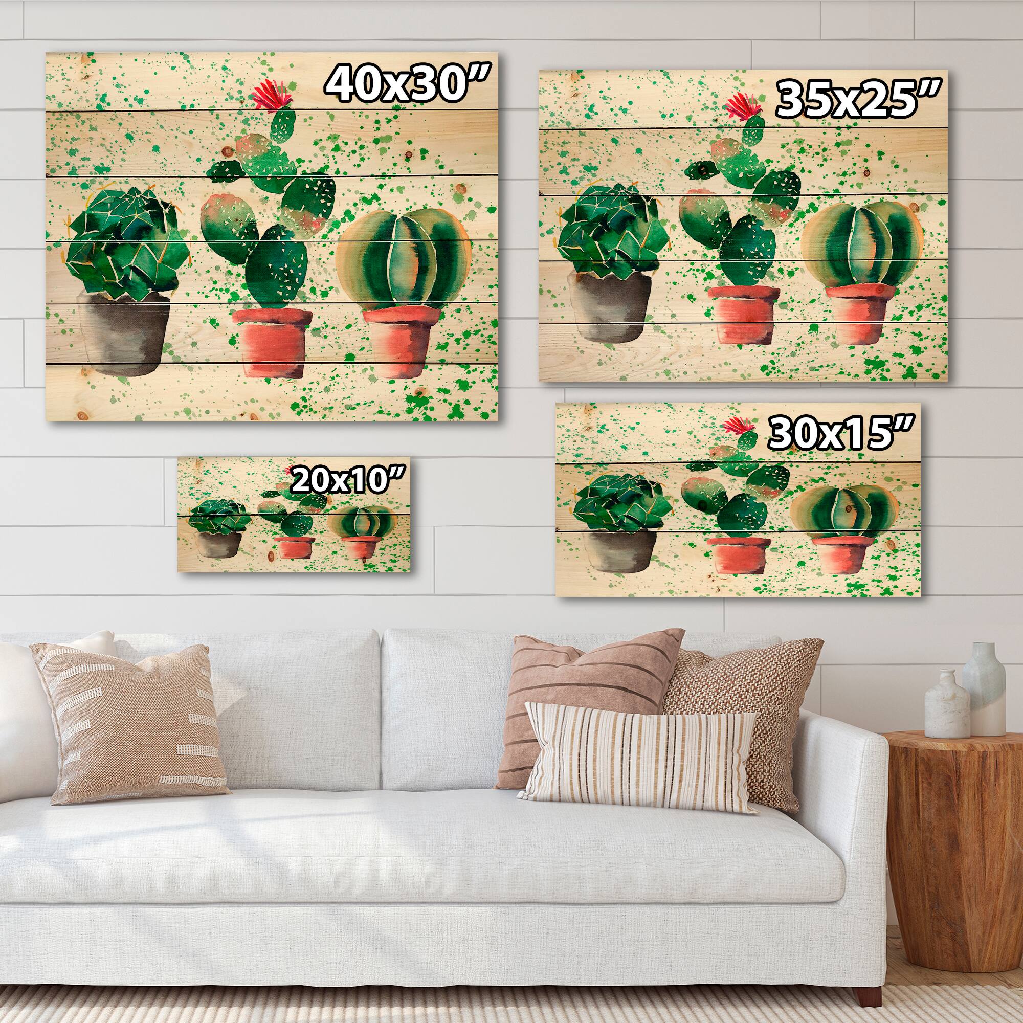 Designart - Three Cacti In Clay Pots - Botanical Print on Natural Pine Wood