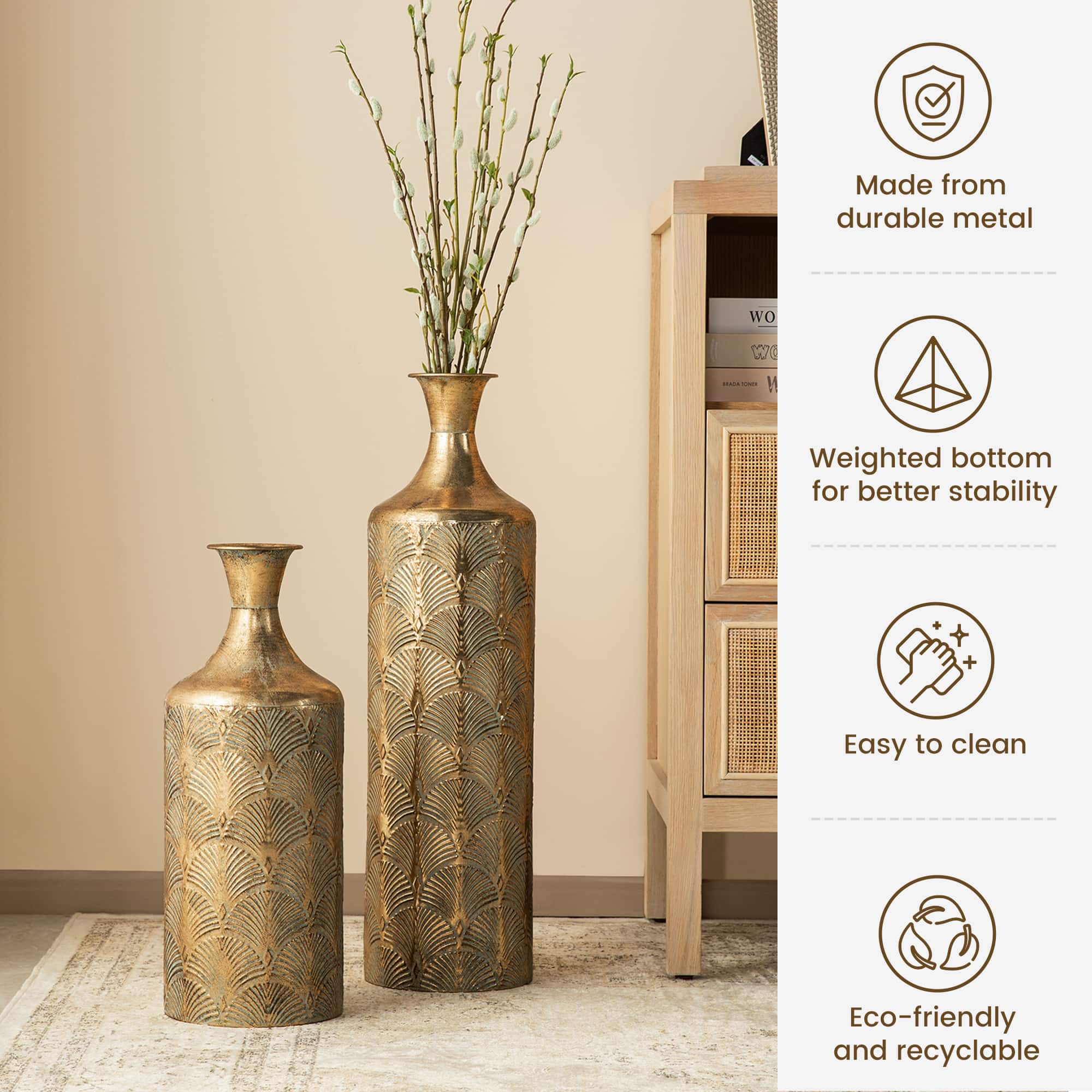 Glitzhome&#xAE; Antique Gold Gingko Metal Floor Vases Set