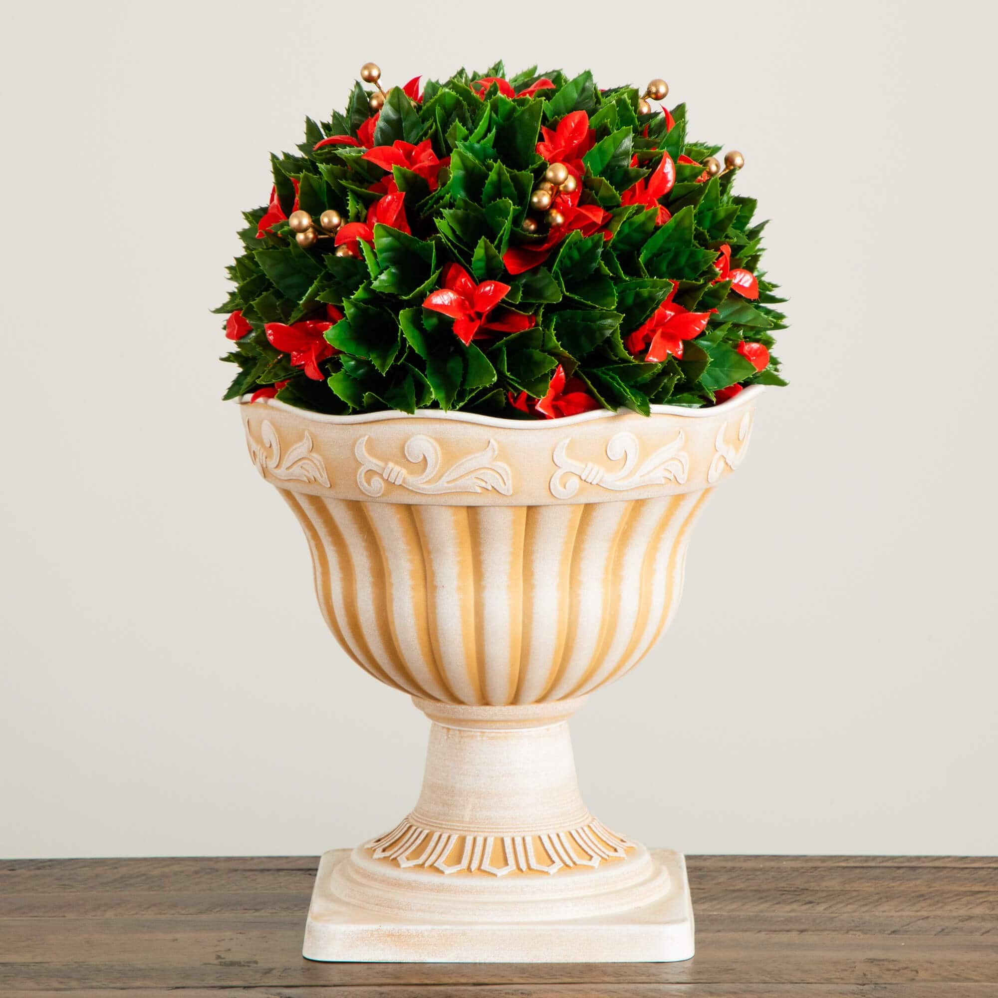 22in. UV Resistant Artificial Red Tip Photinia Christmas Ball in Classic Decorative Planter (Indoor/Outdoor)
