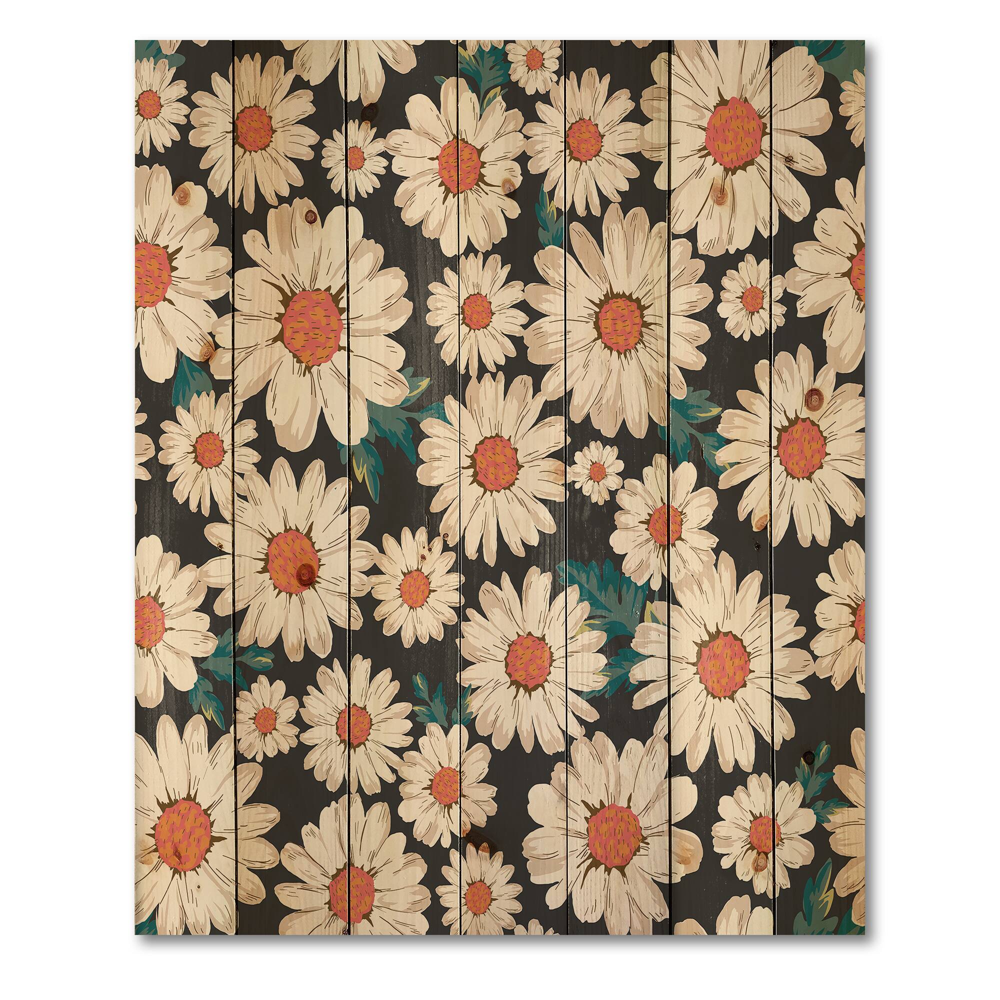 Designart - Abundance of White Daisy Flowers - Traditional Print on Natural Pine Wood