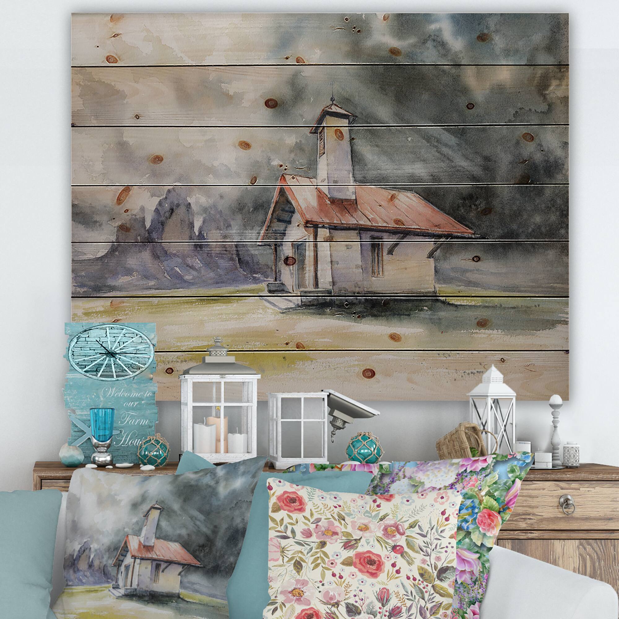 Designart - Rustic House On Mountain Top During Storm - Country Print on Natural Pine Wood