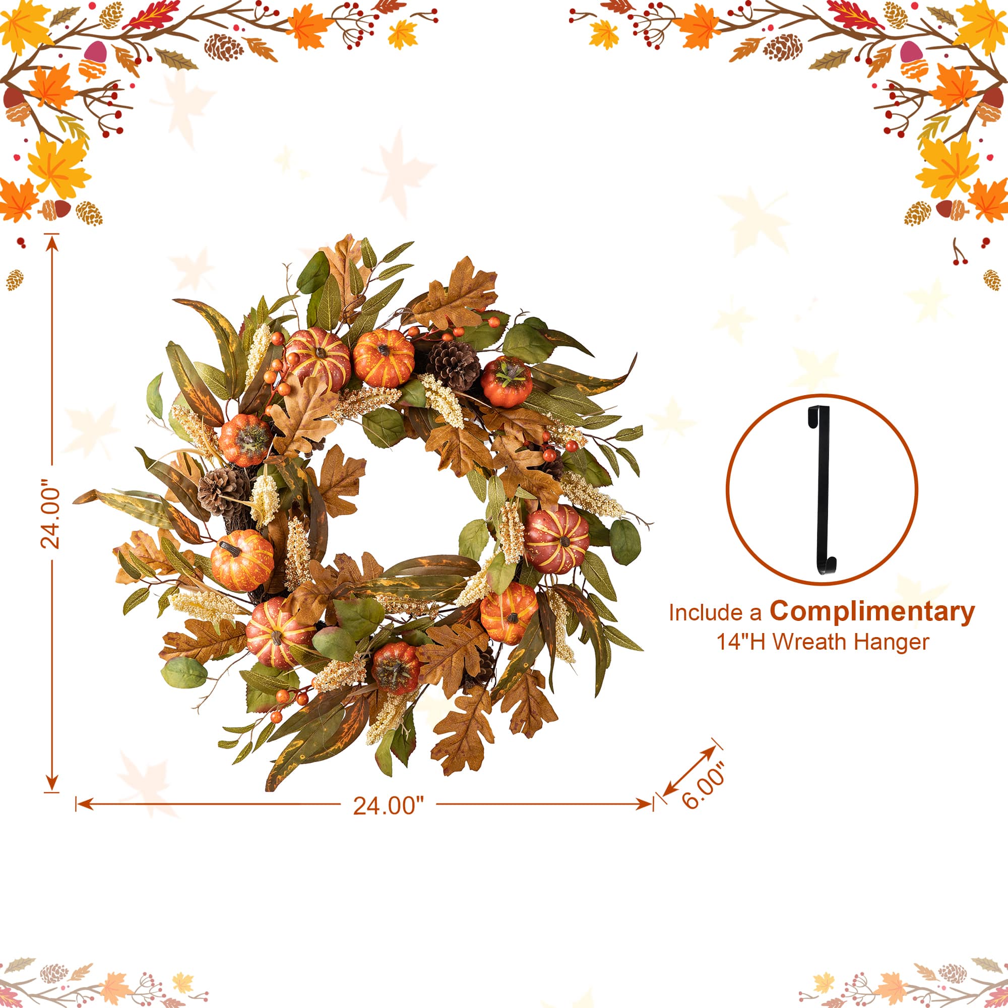 Glitzhome® 24" Fall Pumpkin Leaf Floral Wreath