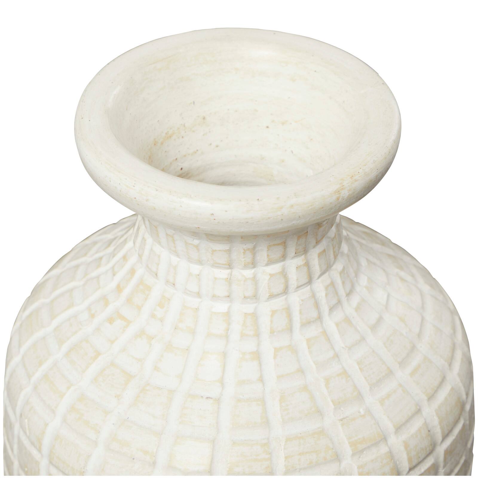Cream Ceramic Textured Geometric Vase with Checkered Pattern