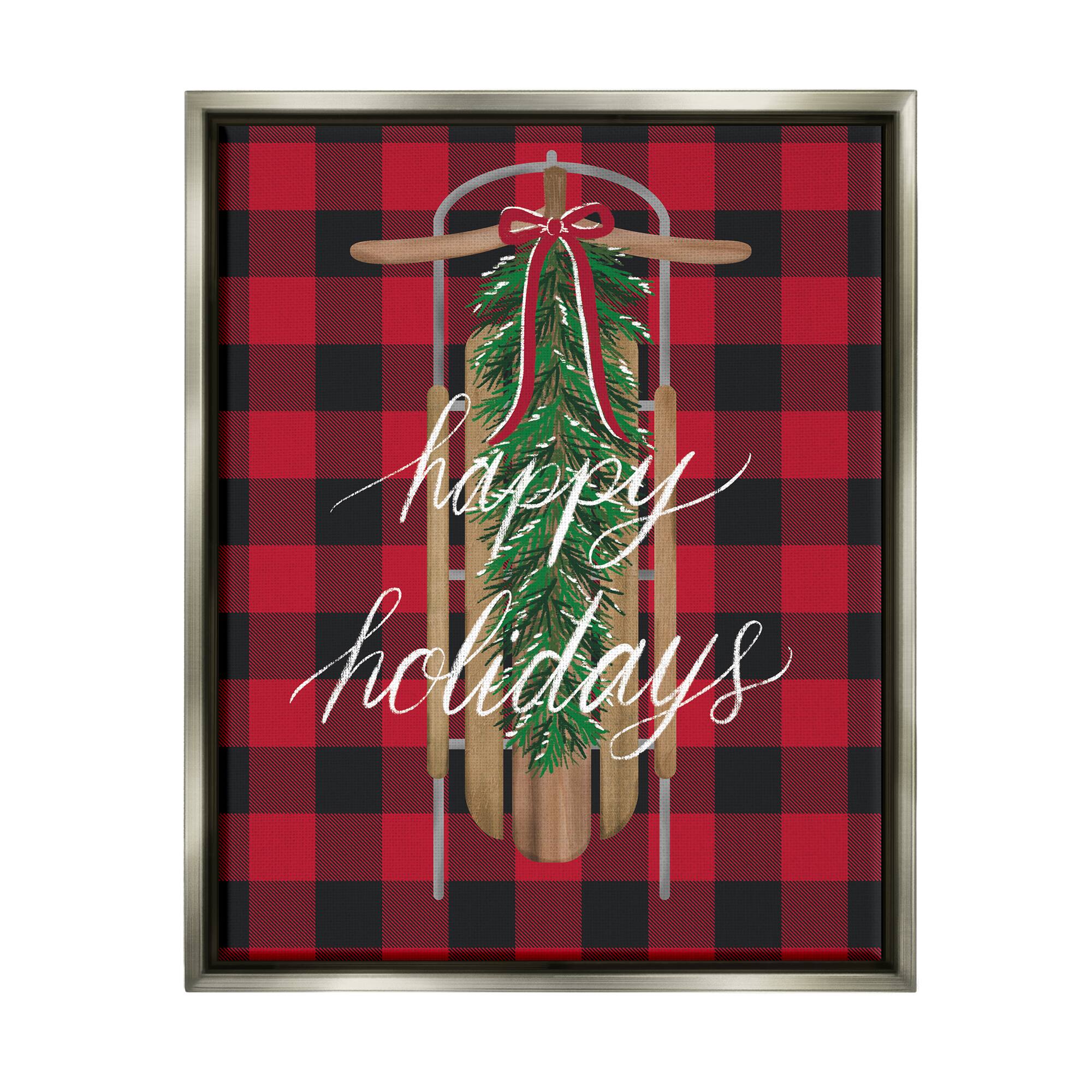 Stupell Industries Happy Holidays Tartan Sled Framed Floater Canvas Wall Art