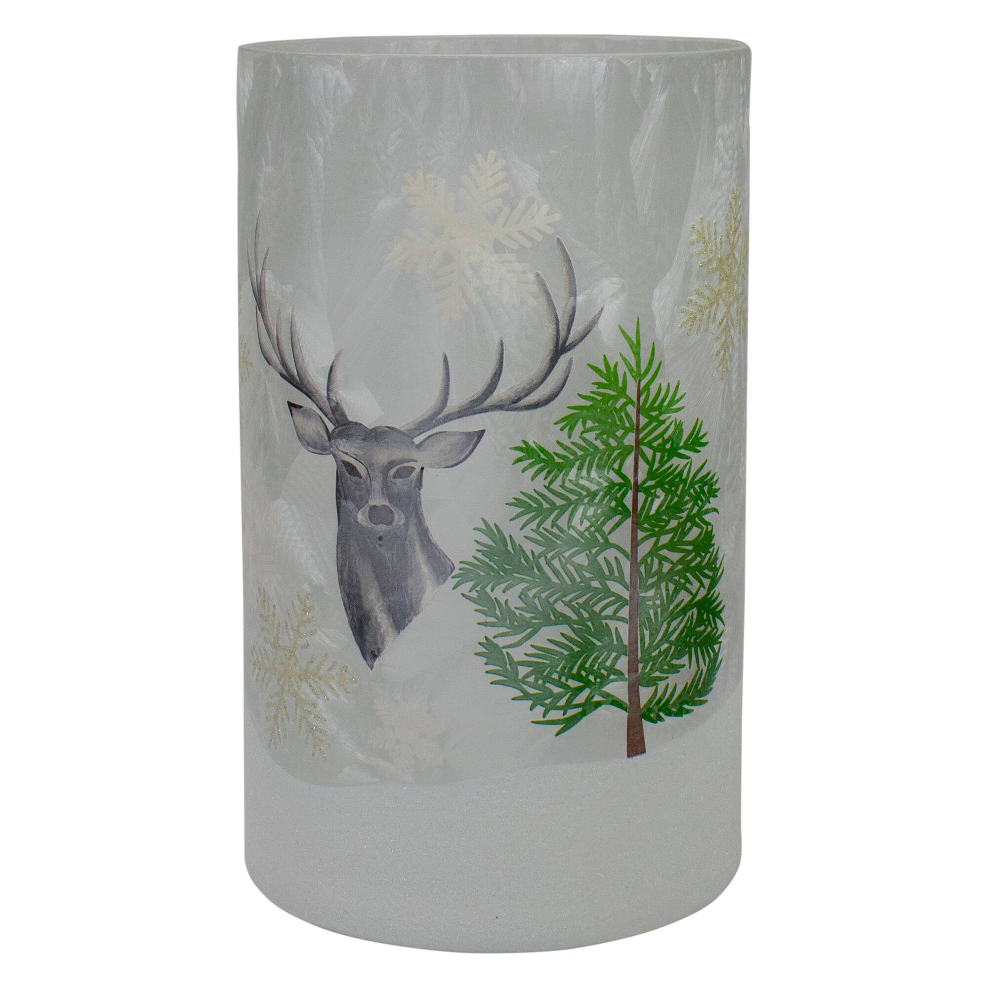10" Winter Deer Flameless Glass Christmas Candle Holder
