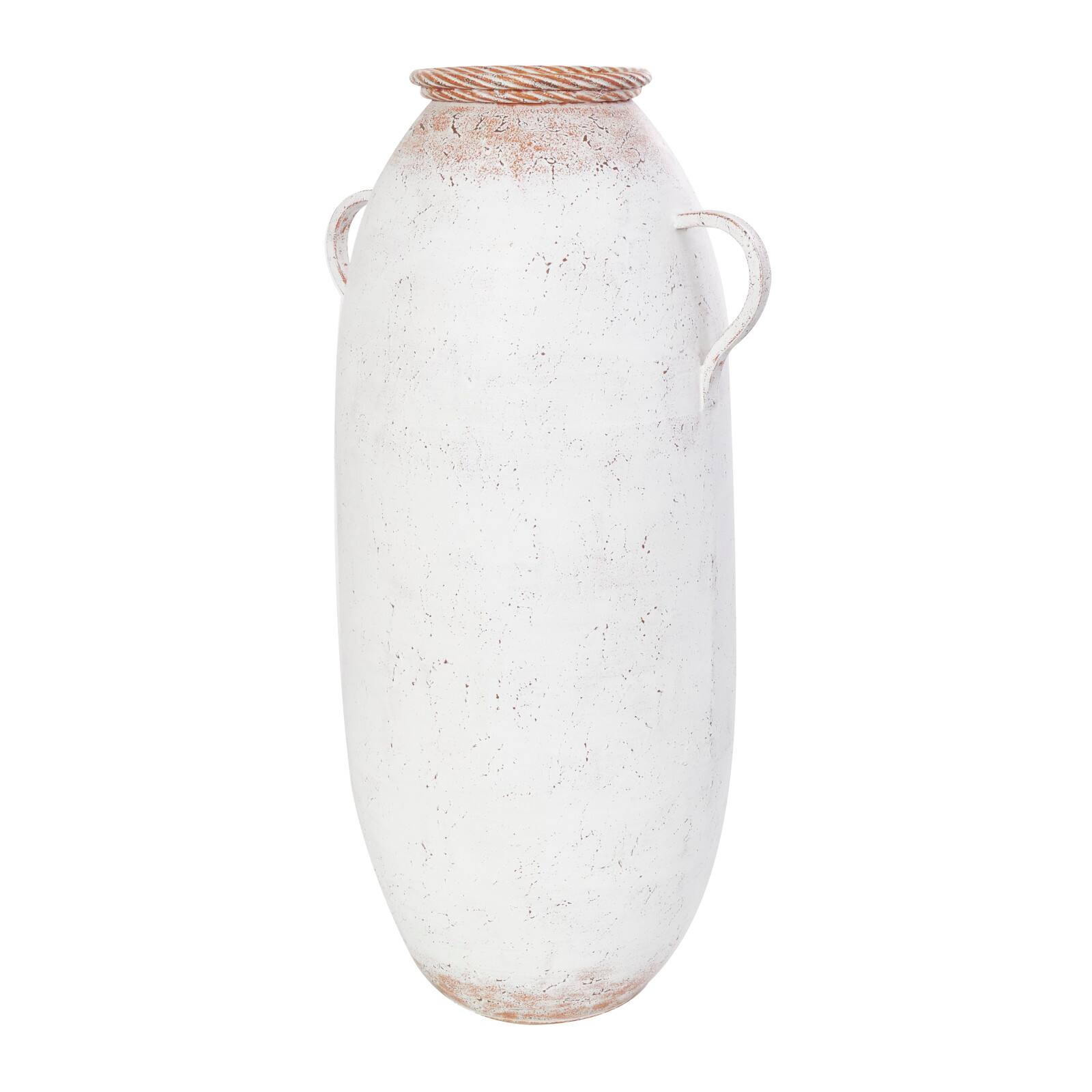 2ft. White Metal Antique Style Vase with Terra Cotta Accents & Handles