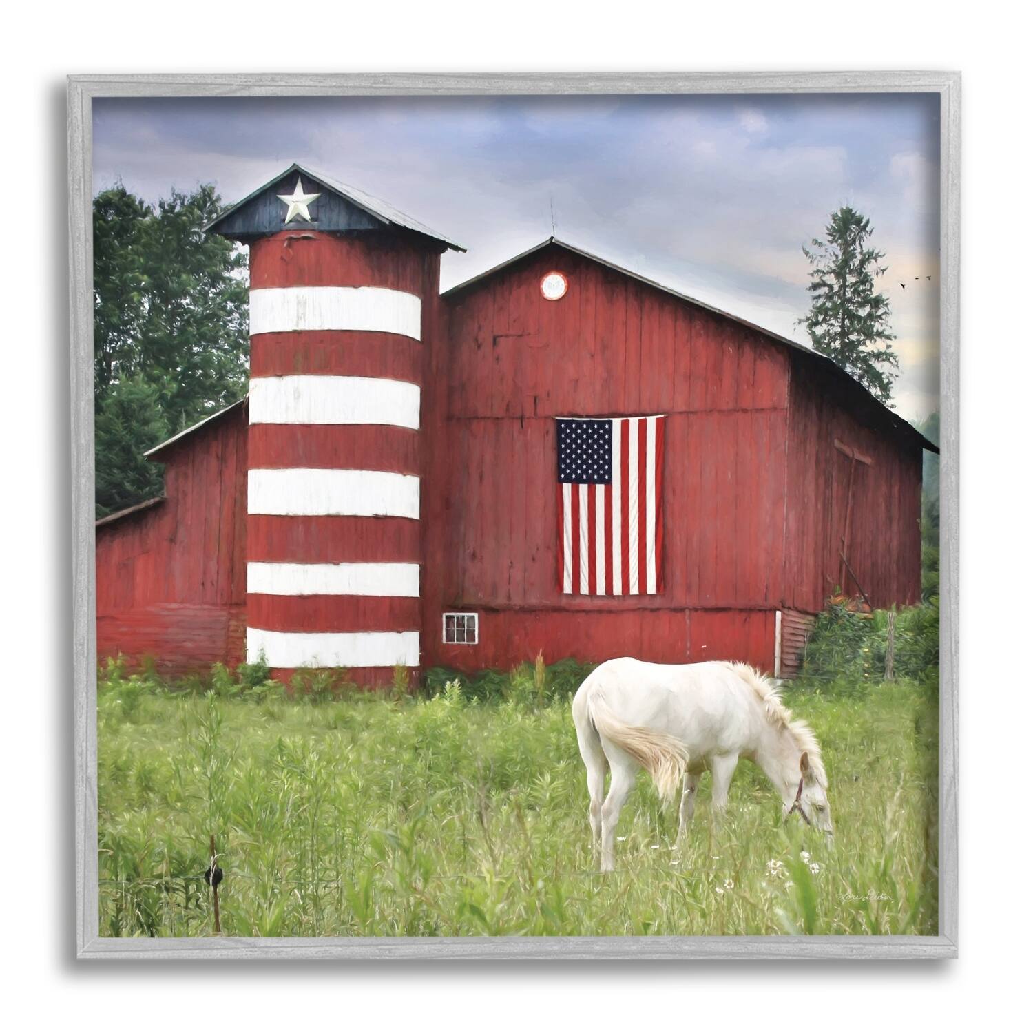 Stupell Industries Grazing White Horse Red Americana Barn Flag Framed Giclee Art