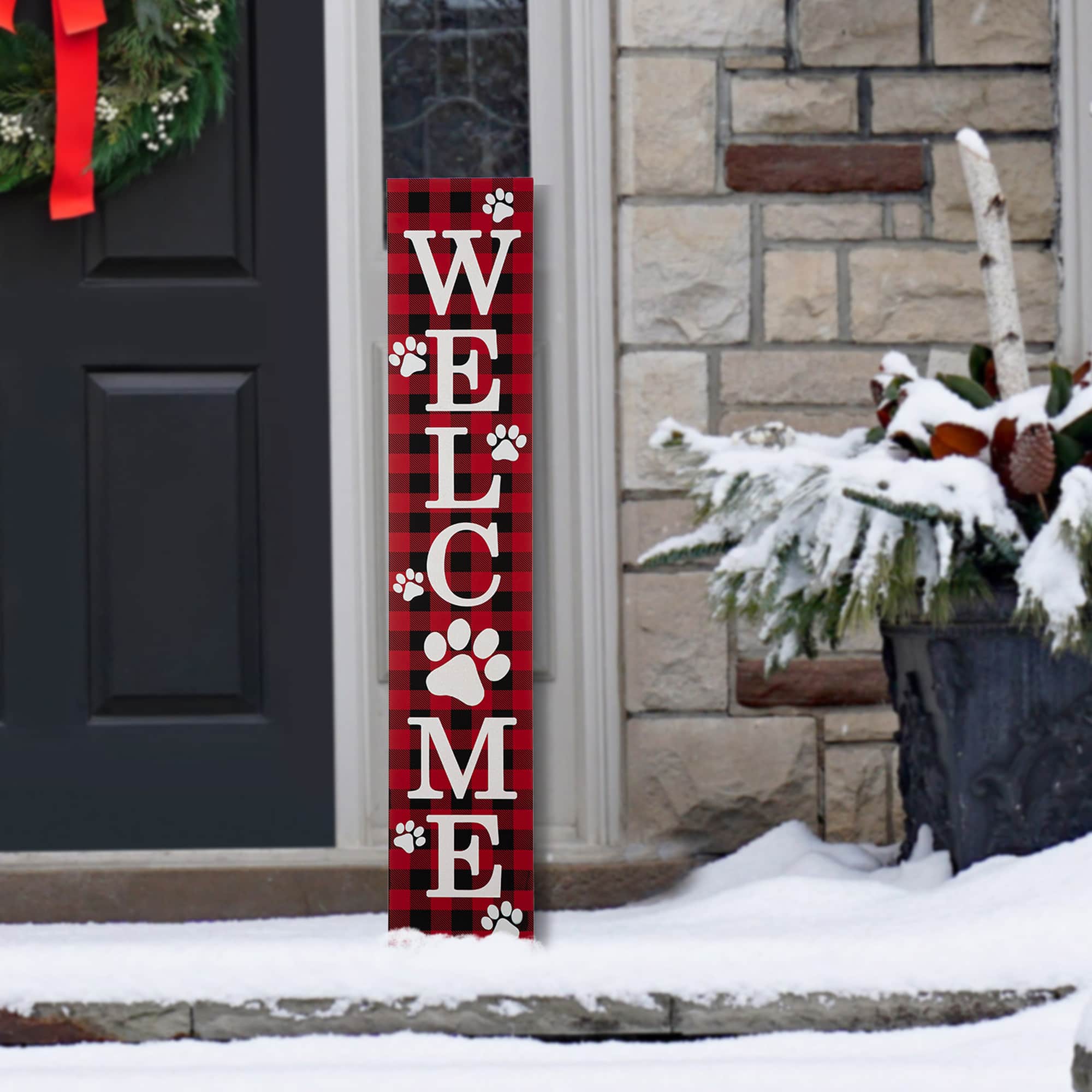 Glitzhome&#xAE; 42&#x22; Plaid Pet &#x22;WELCOME&#x22; Wooden Porch Sign