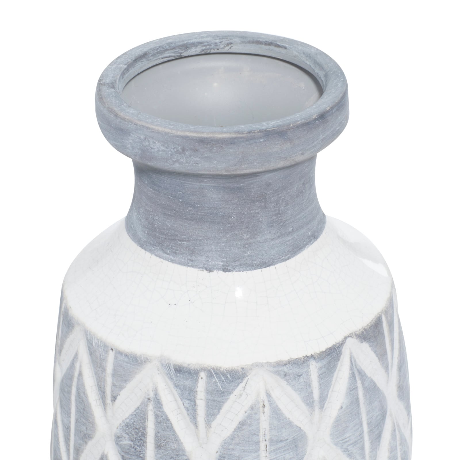 Coastal Gray And White Ceramic Jar Vase With Criss Cross Pattern, 16" x 6" x 6"