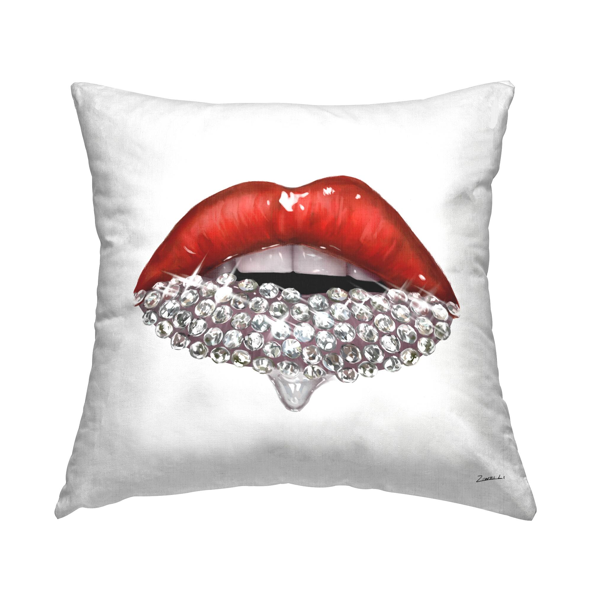 Stupell Industries Red Glam Lips with Glistening Cosmetic Stones Throw Pillow 18" x 18"