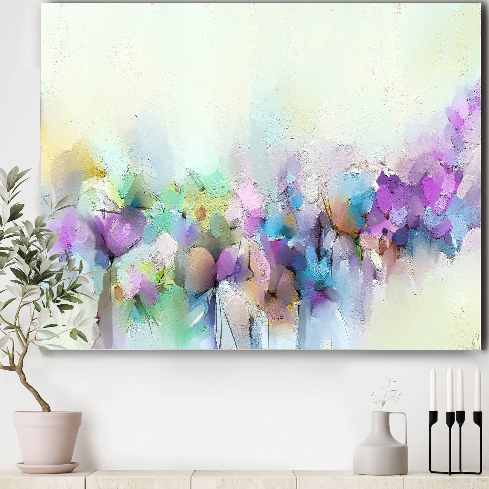Designart - Hand Painted Yellow And Purple Spring Flowers - Traditional Canvas Wall Art Print
