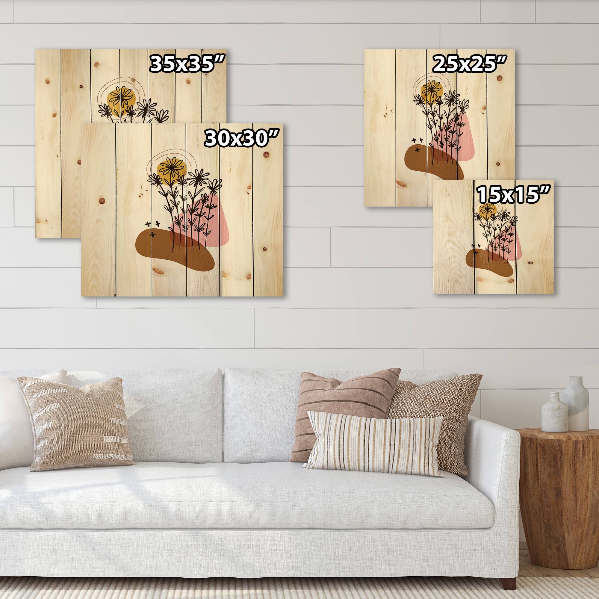 Designart - Elementary Shapes With Abstract Flowers Plants I - Modern Print on Natural Pine Wood