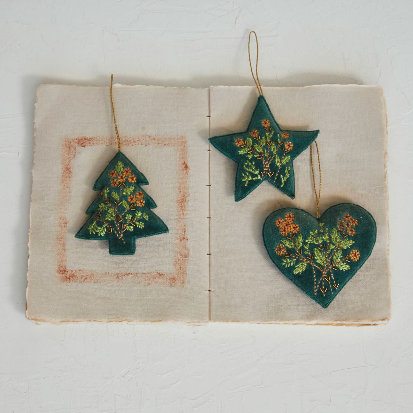 Hello Honey&#xAE; 3 Pack Beaded &#x26; Embroidered Heart, Star &#x26; Tree Cotton Velvet Ornaments